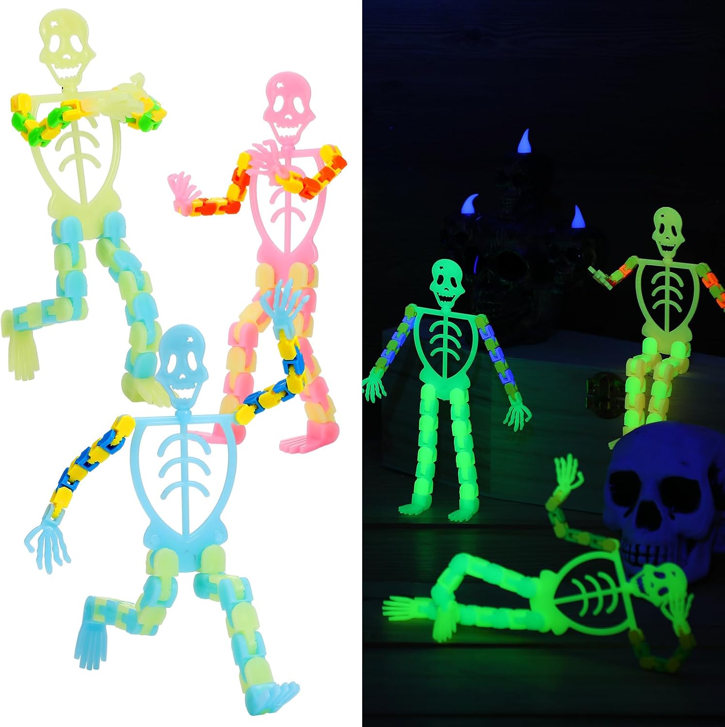 Poen 30 Pcs Halloween Skeleton Fidget Toys Glow in The Dark Skeleton Finger Sensory Toys Transformable Chain Toy Luminous Mobile Phone Rack Accessories for Stress Relief Party Favors