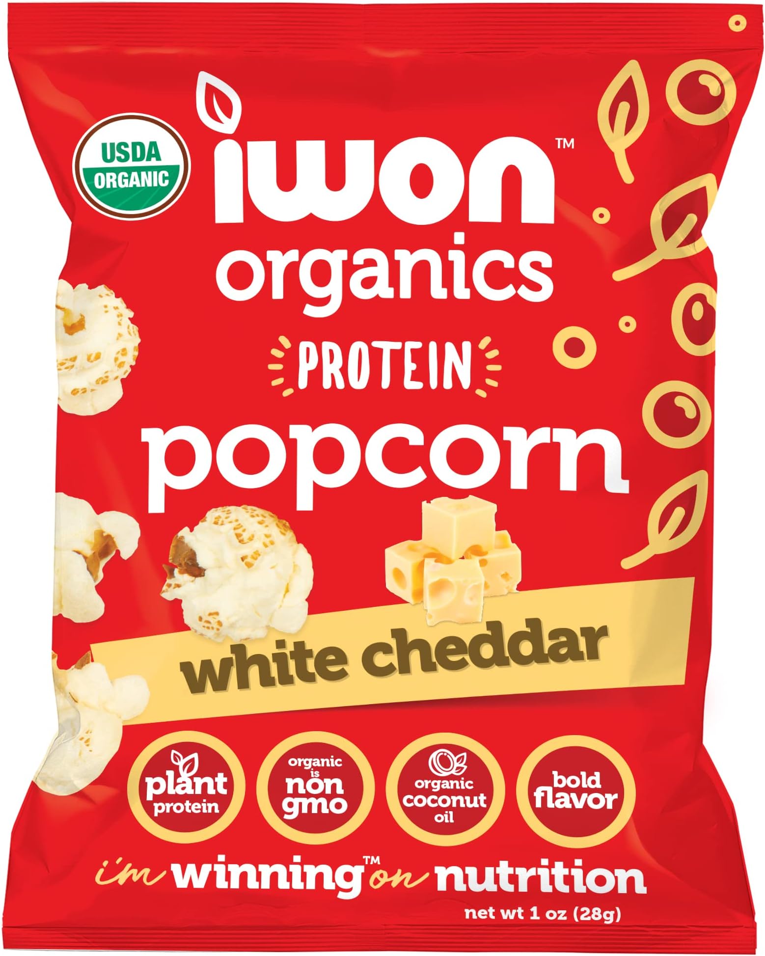 IWON Organics Protein Popcorn, White Cheddar Flavor, Organic Healthy Snacks, 8-Pack, 1 Oz Bags