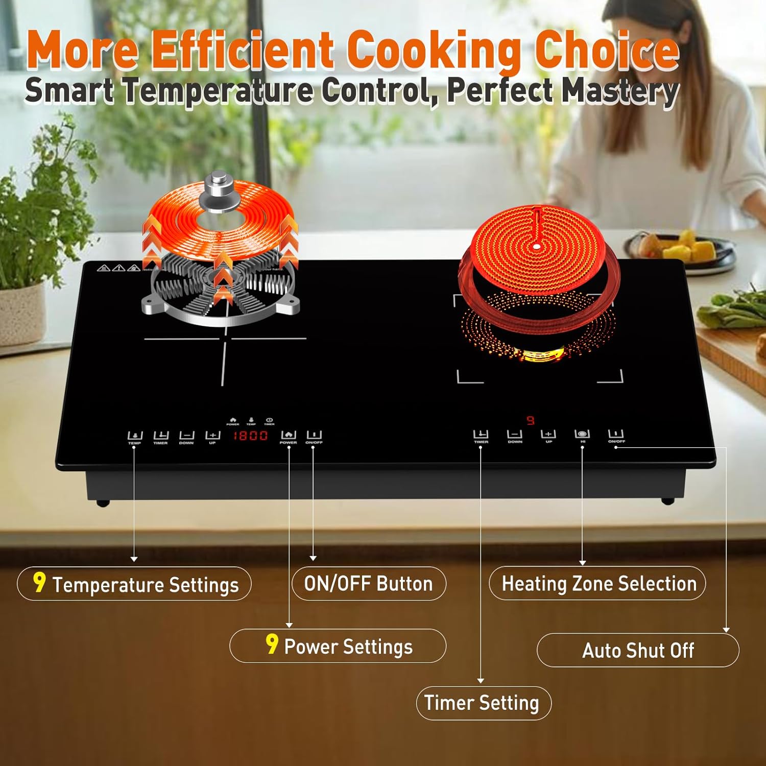 Double Induction Cooktop Burner: 1800w 2 Induction Burner with 3hours Timer - Electric Double Cooktop Burner Child Independent Controls Safety Lock 9 Temperature 9 Power Settings