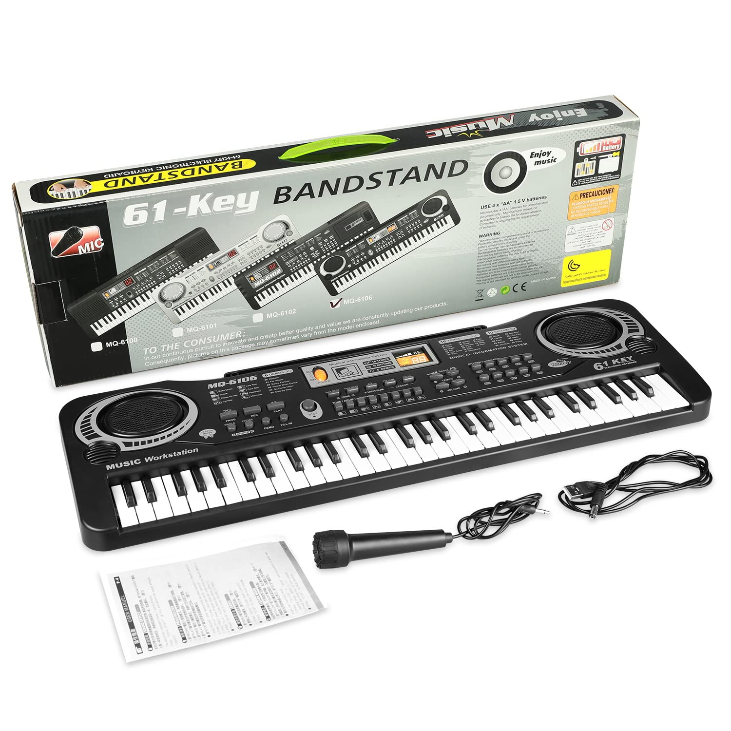 61 Key Piano Keyboard, Beginner Electronic Keyboard for Kids with Teaching Mode, 6 Demo Songs, 16 Tones, Microphone and Power Supply, Kids Piano Keyboard for Birthday Gift/Christmas Gift