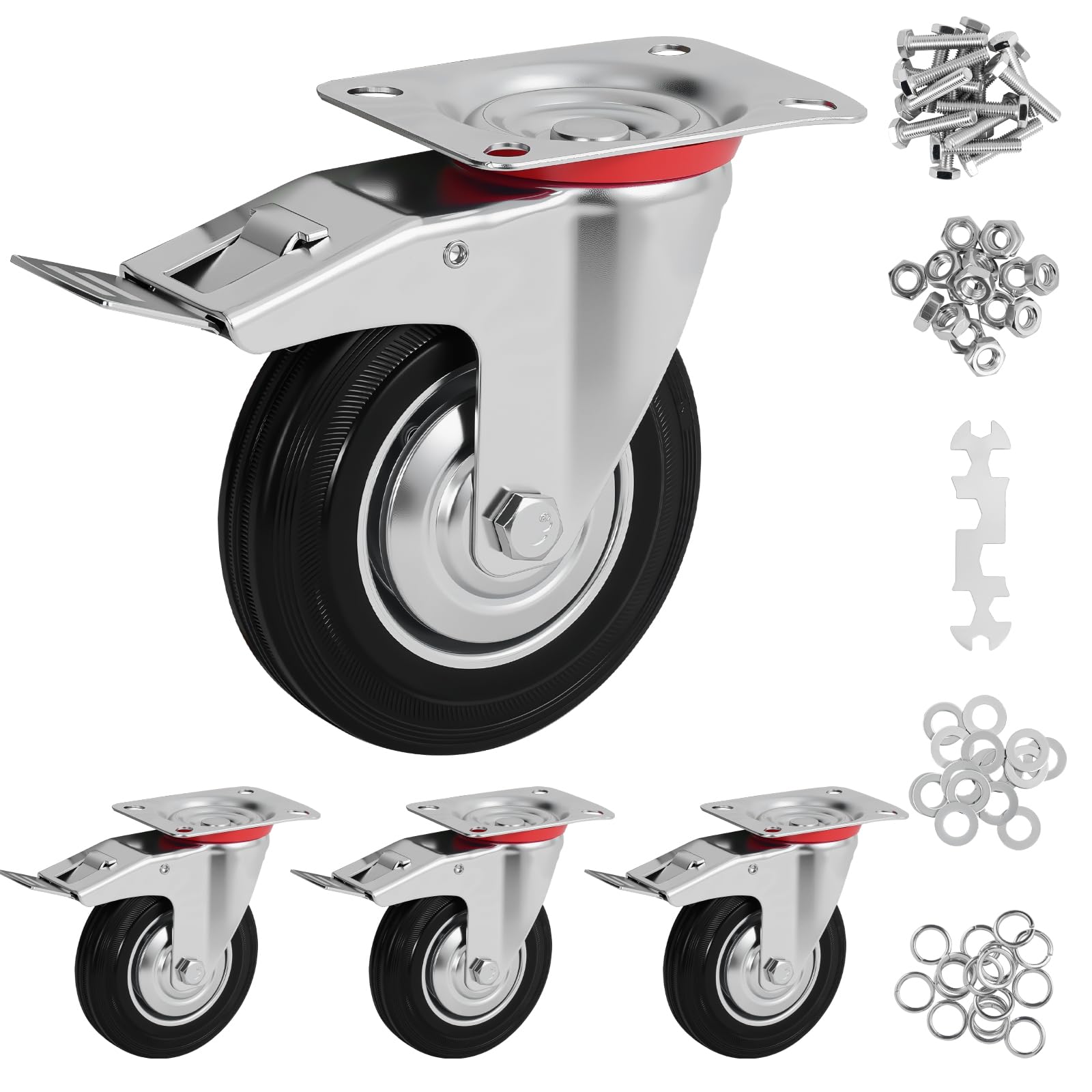 Sohnvwtgd 4 6 Inch Caster Wheels Set Of Heavy Duty Casters With Brake, Swivel Rubber Castors For Cart, Workbench,Black(6" Pack With Brake, )