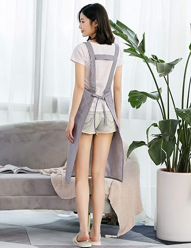 Miniatura 4 de NEWGEM Delantal de cocina de algodón para mujer con pechera de bolsillo para chef de restaurante