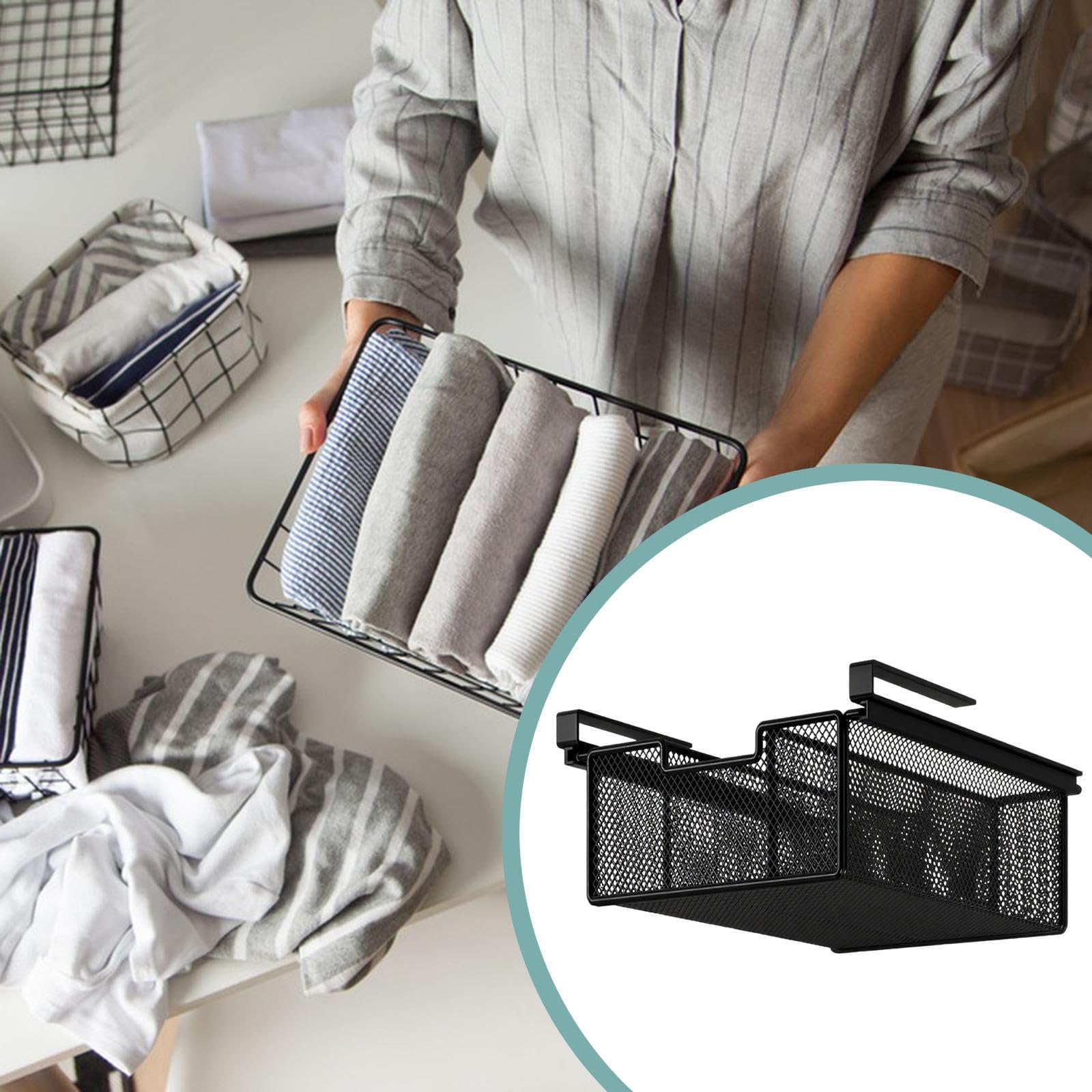 Cesta Deslizante Cajón Extraíble Colgante Organizador de Estantes para Ropa Interior Calcetines Accesorios- Ahorra Espacio en Armarios y Gabinetes​-38x25x12cm,Negro, Individual