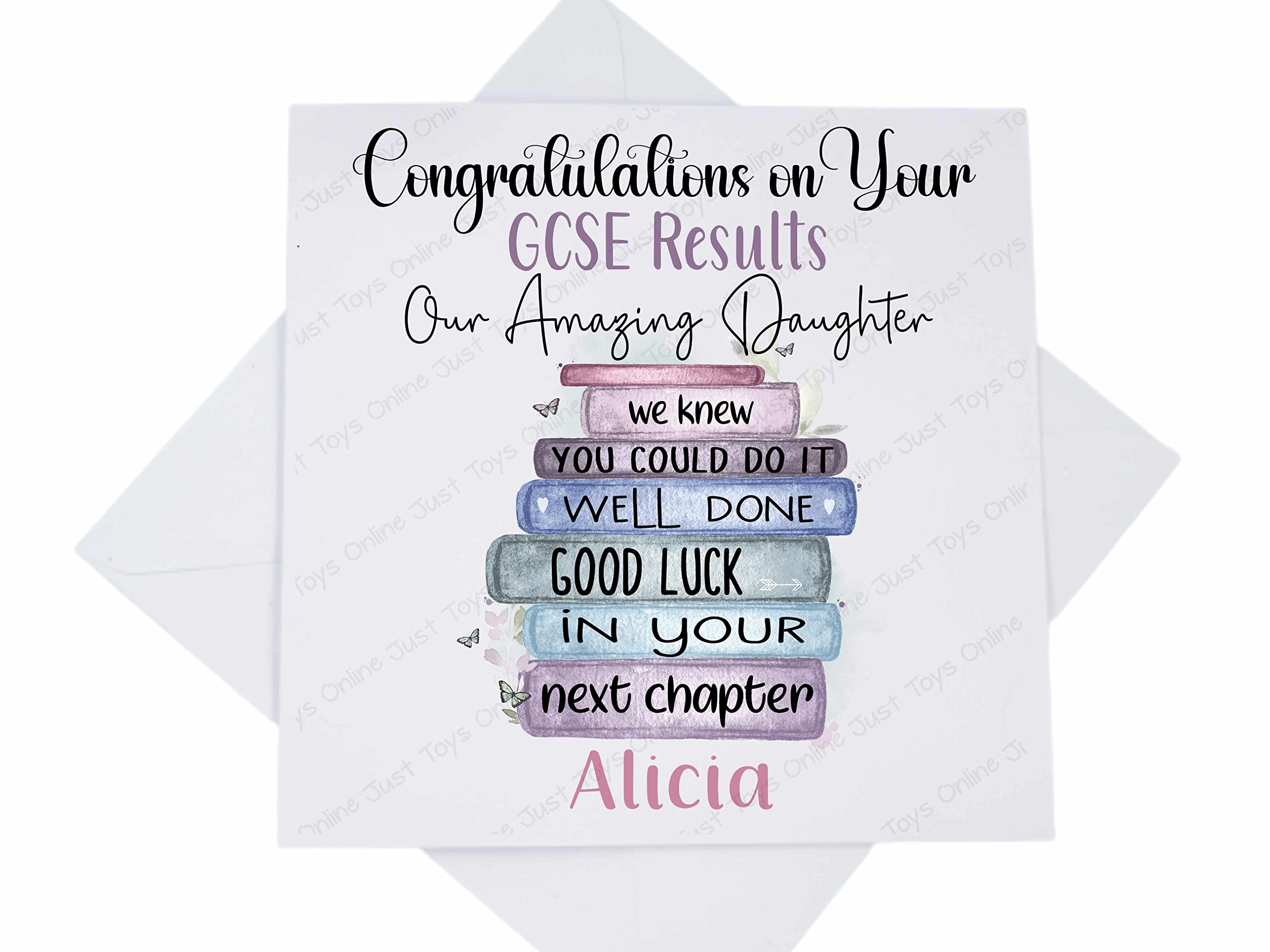 Just Toys Online Personalised Custom Well Done Exam Results Card, Son Daughter Grandson Granddaughter GCSE or A Level Congratulations Card, Pastel Bookstack Verse, white, 5.8mm square