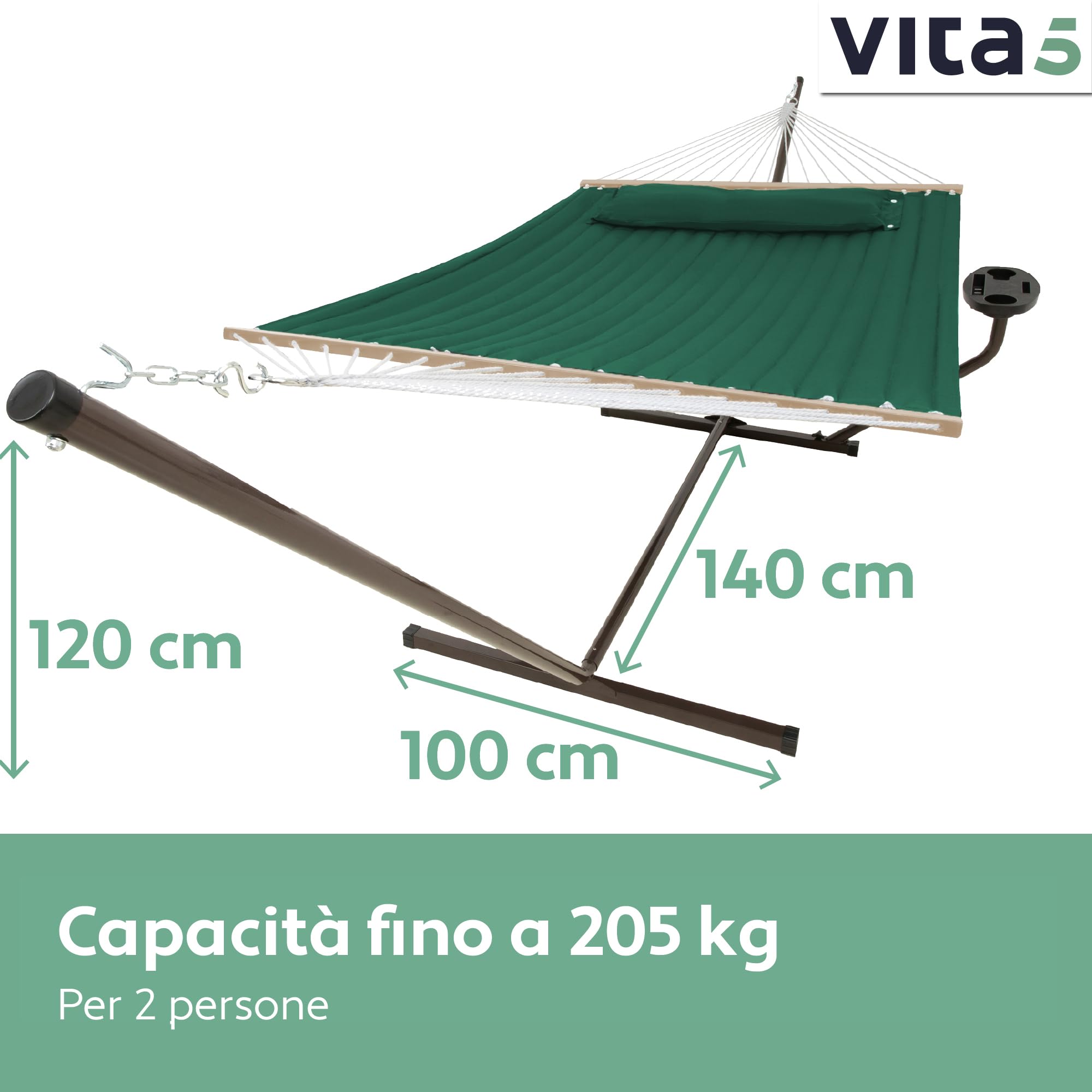 VITA5 Amaca con Struttura e Tavolino – Amaca da Giardino per 2 Persone con Supporto in Acciaio – Amache Doppia per Esterno, Balcone, Piscina – Portata 200kg – Telo Traspirante UV