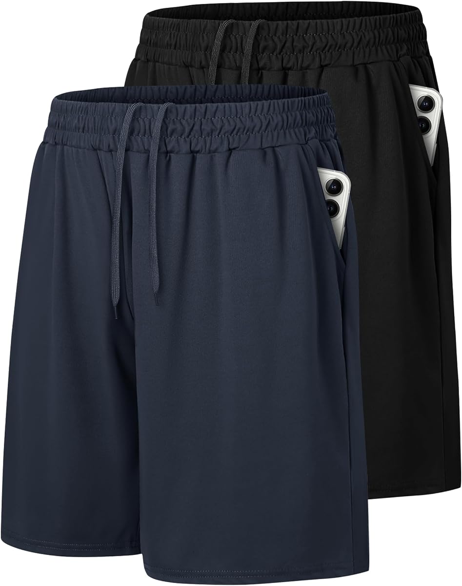 Paquete de 2 pantalones cortos de baloncesto para gimnasio para hombre - Pantalones cortos atléticos de entrenamiento negros de secado rápido | Ropa de fitness Pantalones cortos para correr con bolsillos, ropa deportiva, pijama, salón, cómodo, diario, casual, deportes, suave, transpirable