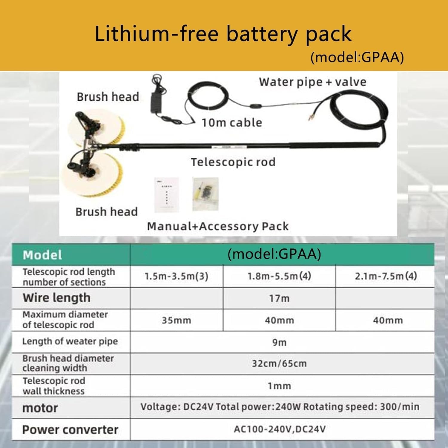 Electric Solar Panel Cleaning Brush Dual Head, Telescopic Rod PV Panel Wash Cleaning Machine, Double Head Equipment Solar Cleaner Robot,Electric Water Fed Pole Kit (Gpaa3.5m)