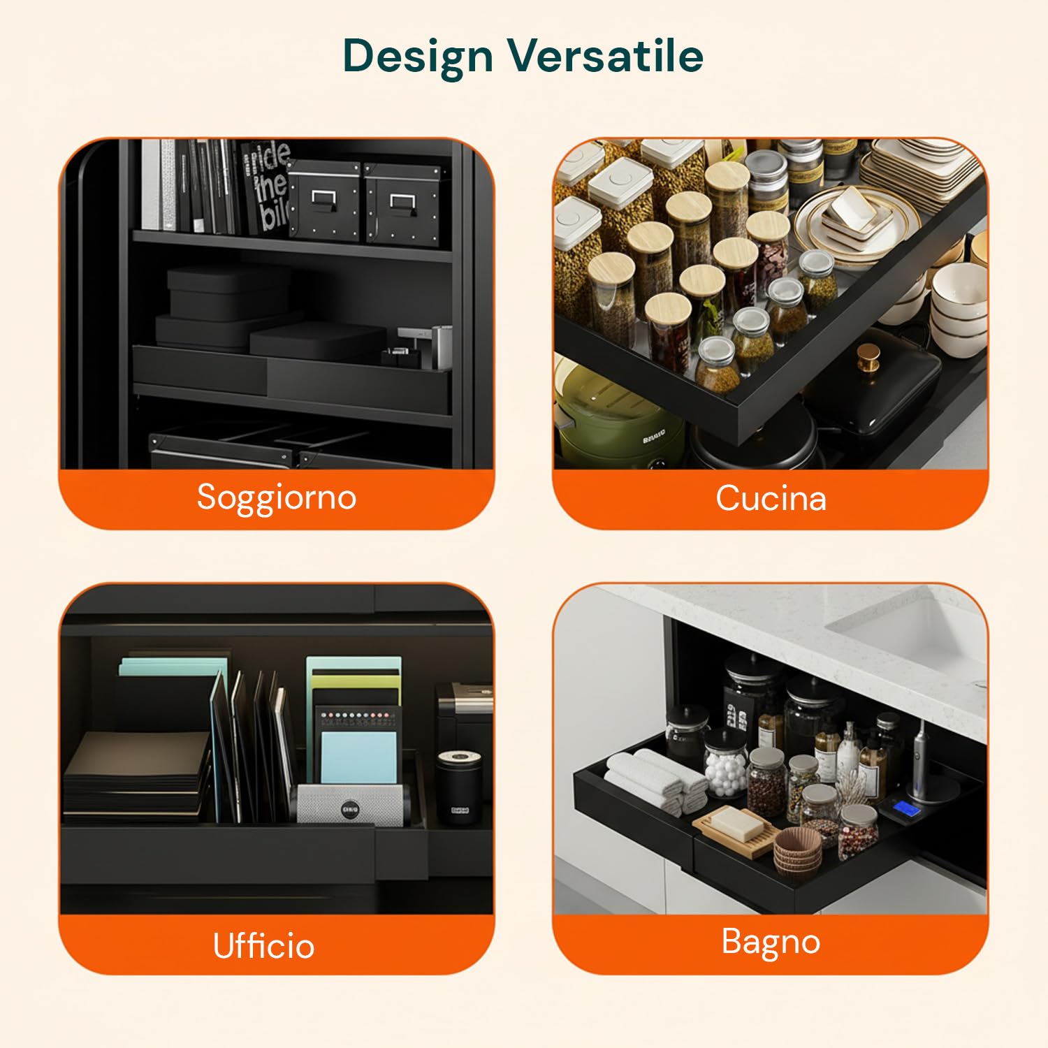 Avilia - Cassetto Universale Estraibile e Espandibile in Acciaio con Binario – Organizer per Mobili, Cucine e Dispense – Montaggio Adesivo - Ripiano Salvaspazio (Nero, 30-50x43,5x7 cm)