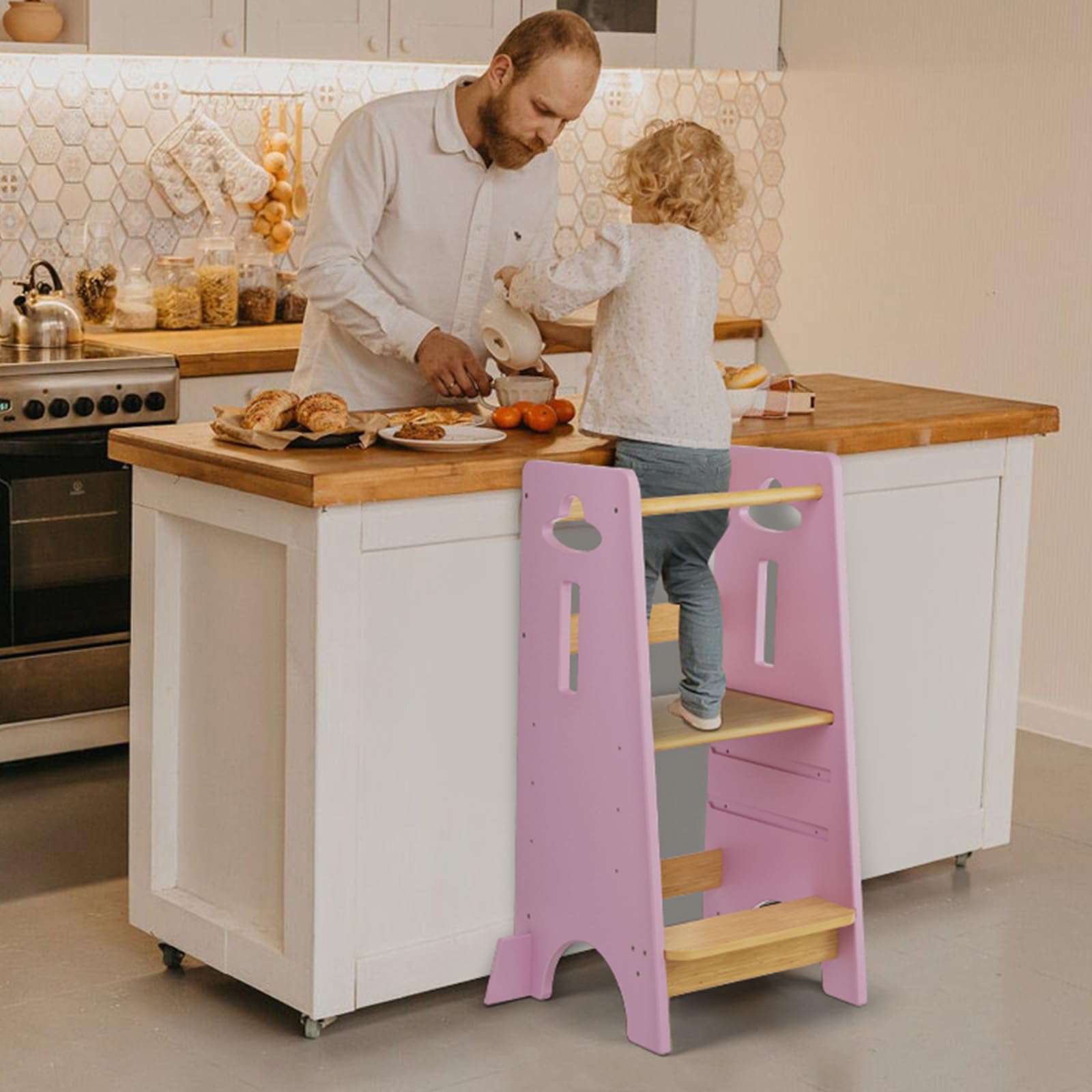 COSYLAND Wieża edukacyjna dla dzieci – drewniana wieża edukacyjna dla dzieci w wieku od 1 do 6 lat – 3-stopniowa regulacja wysokości – 80 cm – Classic Rose & Natural