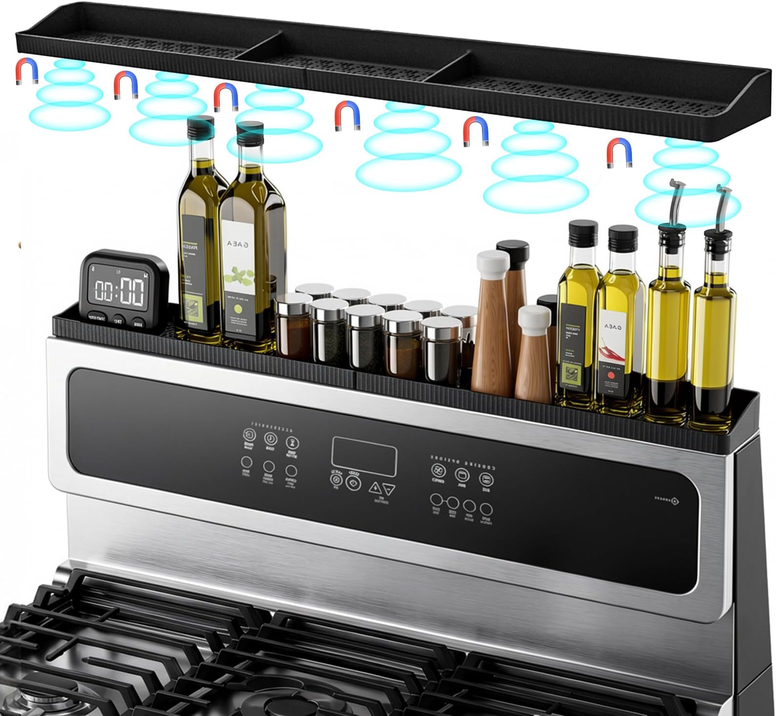 Foeacry Magnetic Stove Top Shelf 30 Inch - Heat Resistant Silicone Over the Stove Shelf Spice Rack Organizer - 3 Functional Partitions Kitchen Organization and Storage for Spices, Oils & Gadgets
