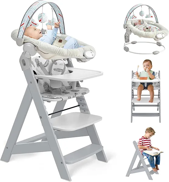 Wooden High Chair with Tray, Adjustable High Chair for Babies Toddler Adult, Convertible Baby Highchair, 5 Point Safety Harness & Soft Cushion & 3 Toys, Adjustable Footrest & Infant Bouncer, Grey