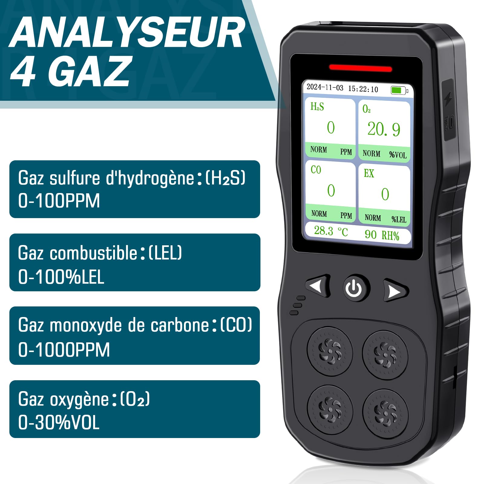 Détecteur De 4 Gaz, Moniteur 4 Gaz Rechargeable pour H2S, CO, LEL, O2 avec Alarme Sonore, Lumineuse Et Vibrante, Noir