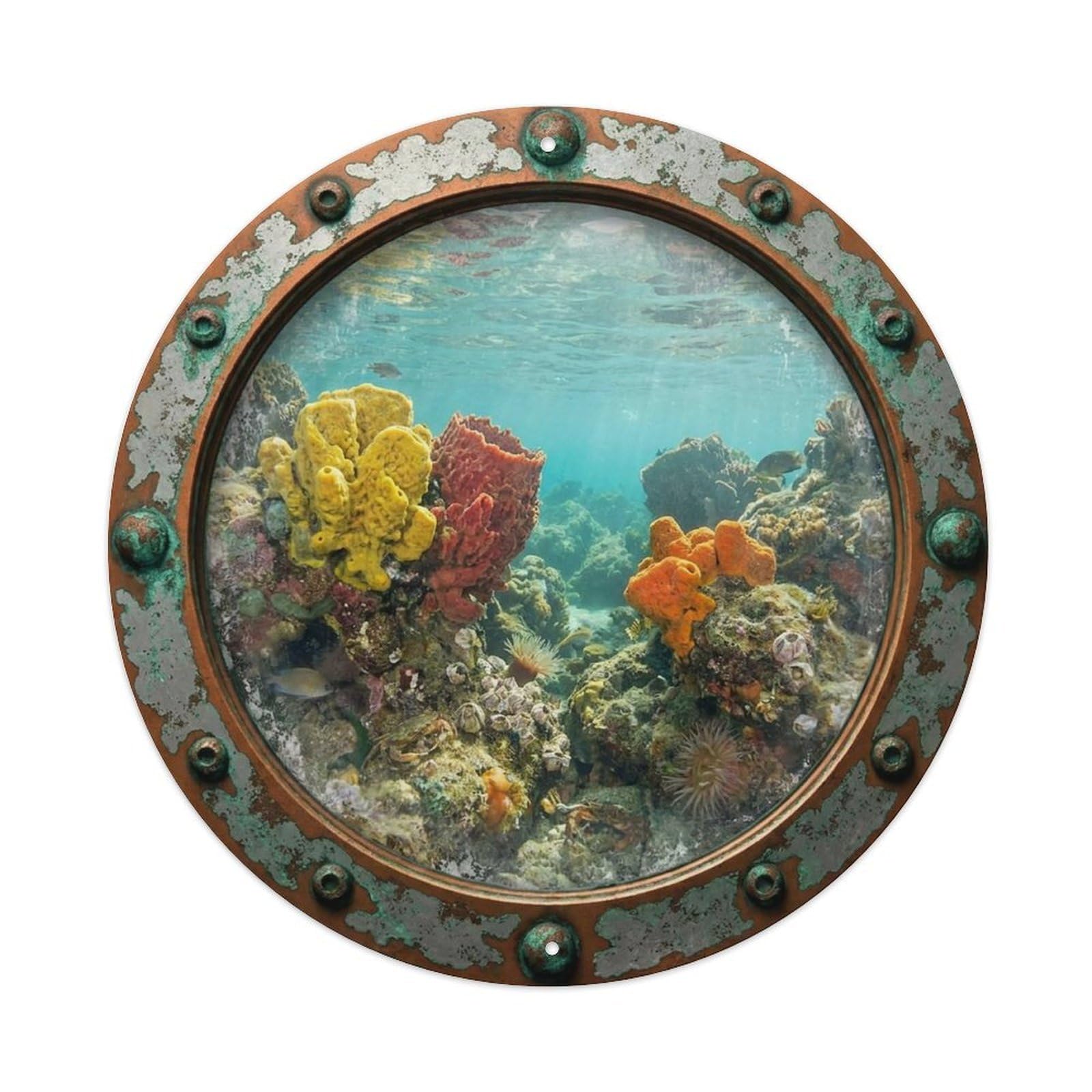 Vintage Porthole Sponge Garden Nautical Window View Vintage Metal Tin Sign Plaque Wall Decor for Cafe, Club Bar, Office, Garden Metal Poster 8x8Inch