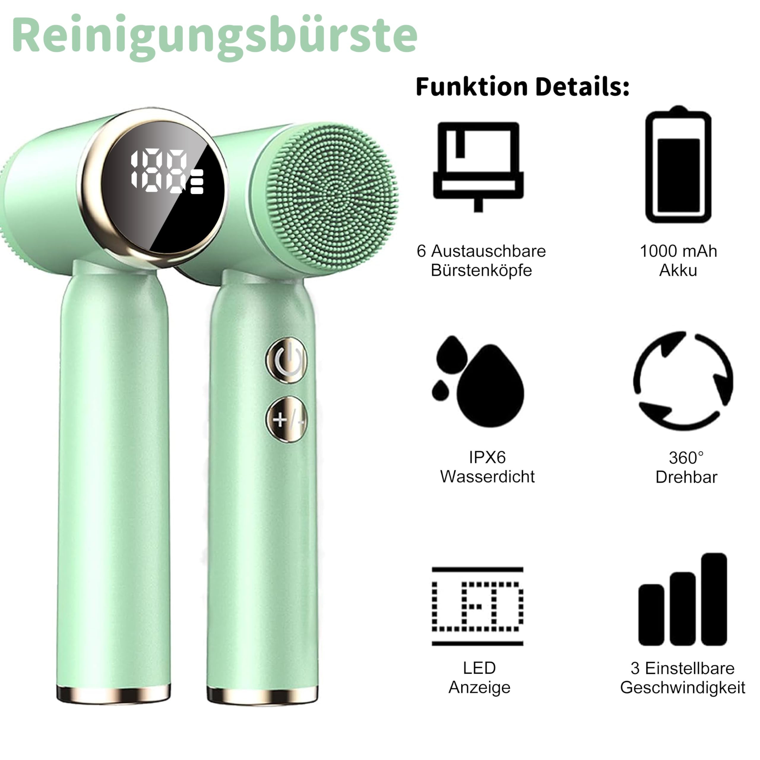 6 in 1 Elektrische Gesichtsbürste, Tiefenreinigung zur Poren- Peeling- und Mitesserreinigung, Gesichtsbürste mit 3-Stufige Rotation, Wasserfest ＆ Akku für Männer und Frauen Jeden Hauttyp (Grün)