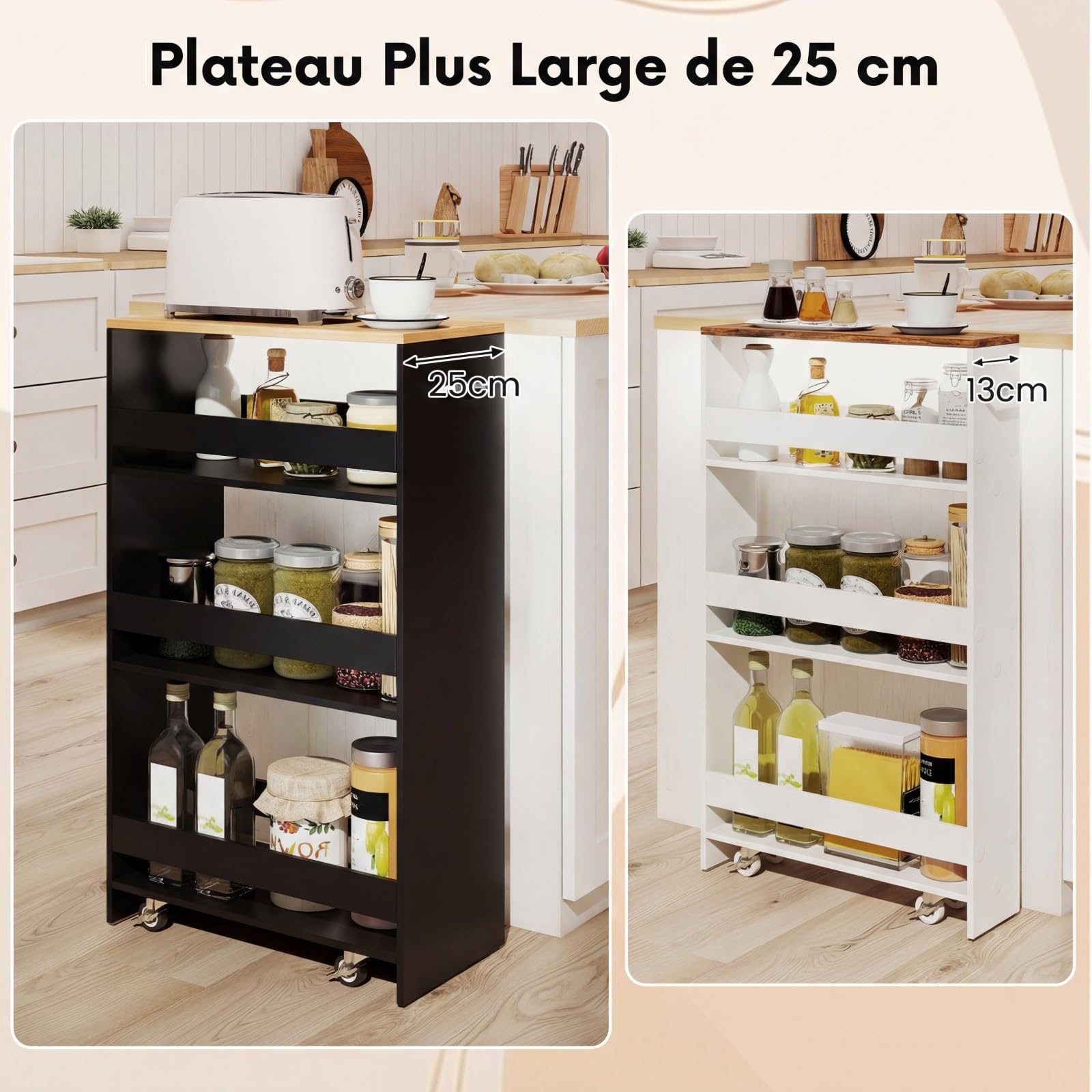 COSTWAY Chariot de Rangement Fin 25 cm, Desserte à 4 Niveaux avec roulettes, Étagère de Cuisine avec Poignée Latérale et Roues Universelles avec Freins, Design Étroit, Noir + Naturel