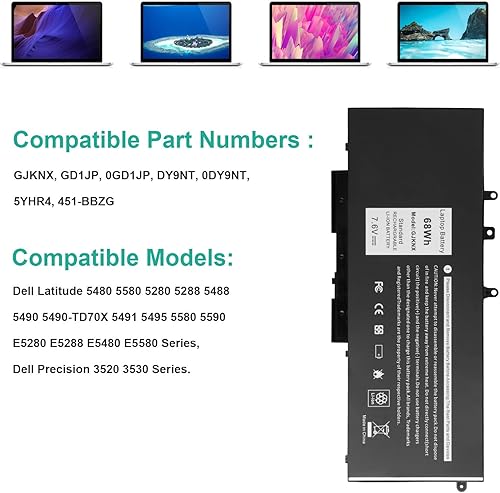 Miniatura 5 de Futurebatt 68Wh GJKNX - Batería de repuesto para Dell Latitude 5480 5580 5280 5288 5488 5490 E5280 E5288 E5480 E5580 Series.pn Batería GJKNX, GD1JP,
