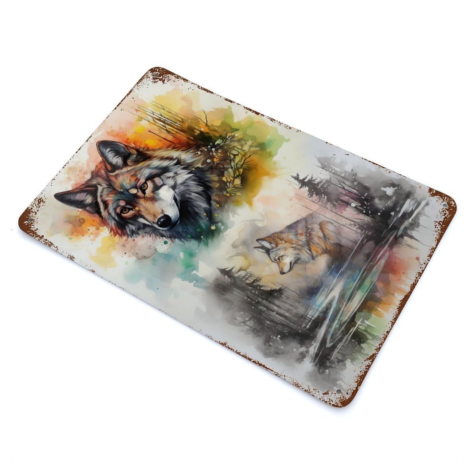 Nightfall Majesty Wolf Art 11.8"x7.9" Rust Effect Tin Sign, Industrial Home Decor for Living Room, Hallway And Home Decor