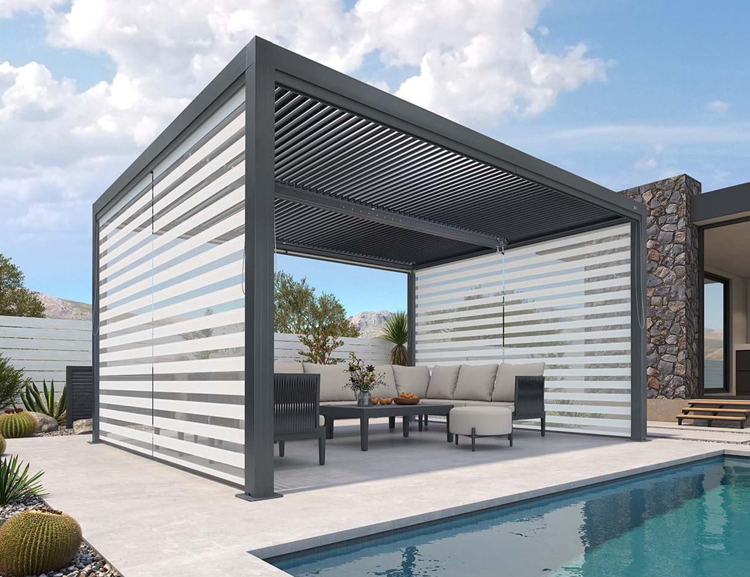 PURPLE LEAF Louvered Pergola 94AS 11' x 14' Outdoor Aluminum Pergola with Shade Screen Adjustable Roof for Deck Backyard Grey Hardtop Gazebo, 2 Short Sides