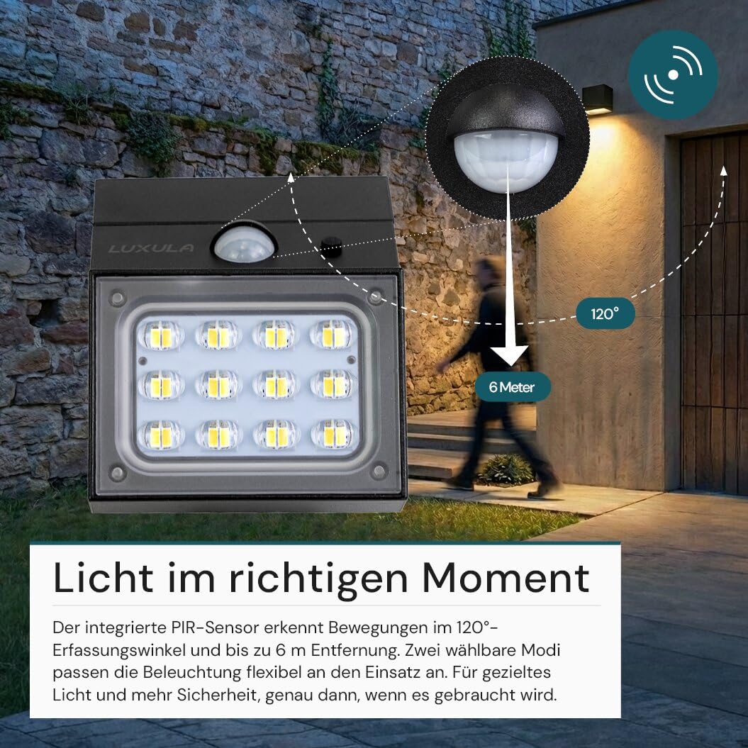 LUXULA LED Solar Wandleuchte außen mit Bewegungsmelder Schwarz 6 Stück - Solar Strahler für außen IP65 wetterfest, Außenleuchte drehbar, 3 Lichtfarben 3000K 4000K 6000K - Außenbeleuchtung Solar
