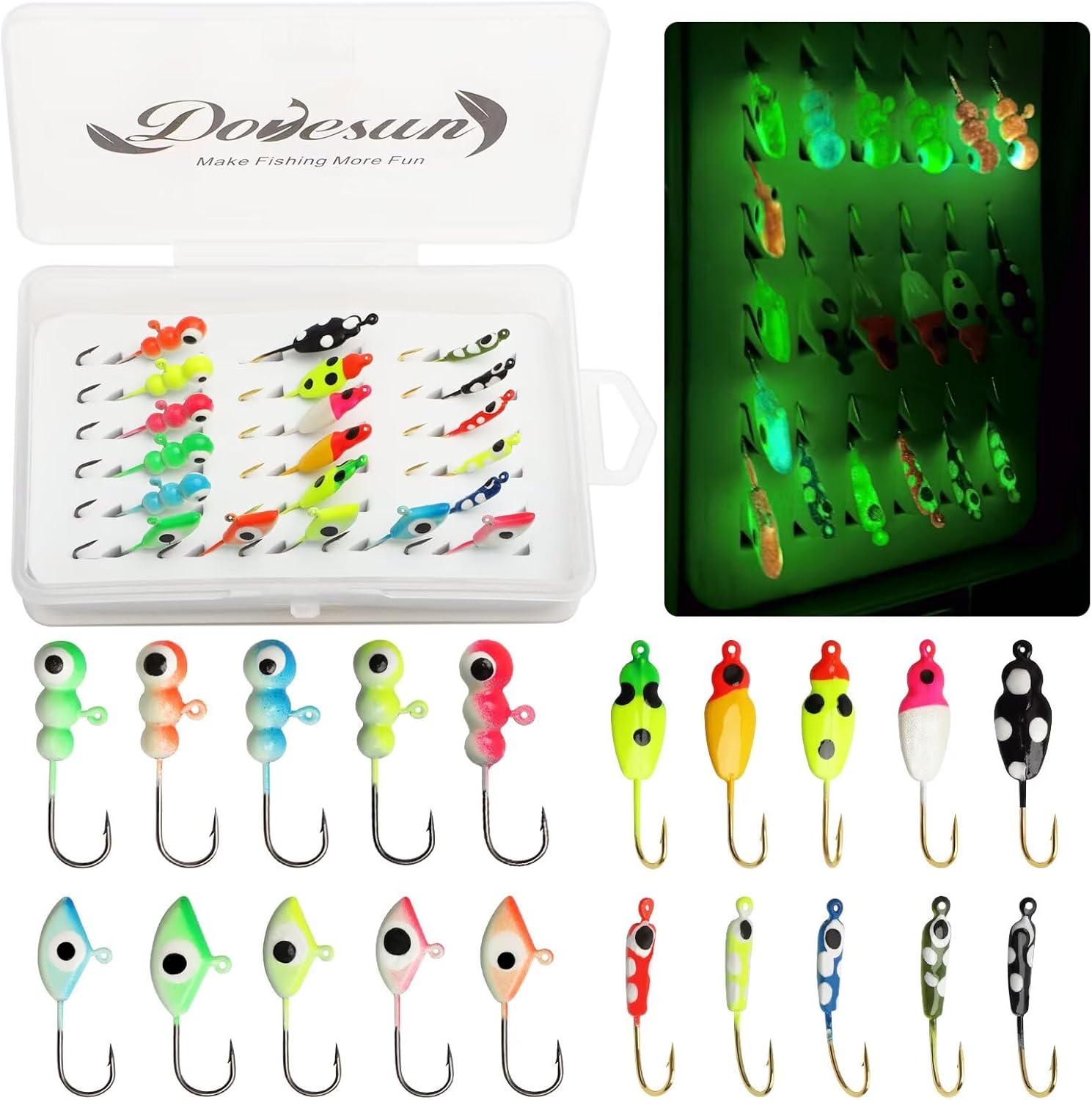Dovesun Ice Fishing Jigs Kit Ice Fishing Lures Glow in The Dark Fishing Gear Lures 20-93Pcs Jig Head with Tackle Box for Panfish Walleye Crappie Perch Bluegil Trout