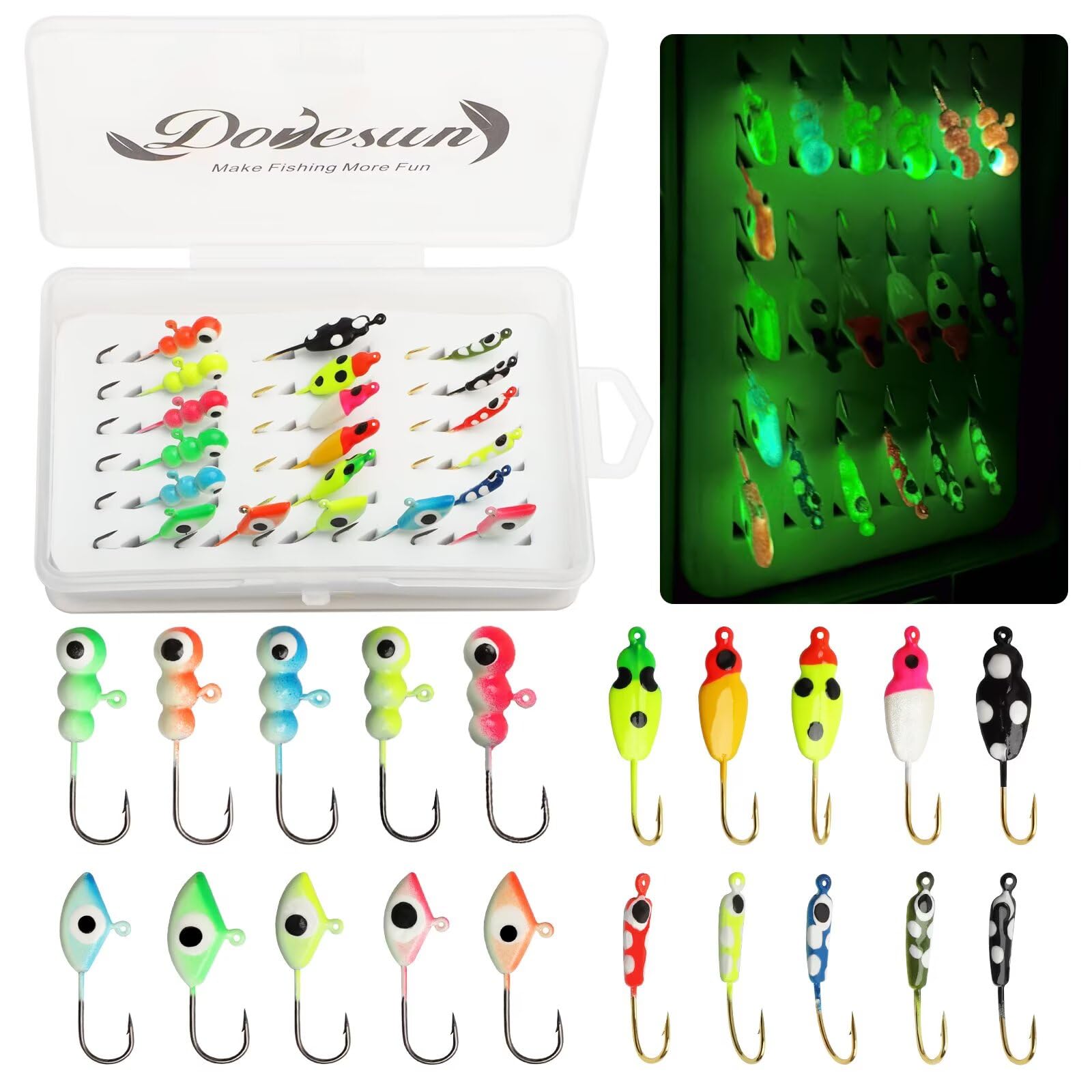 Dovesun Ice Fishing Jigs Kit Ice Fishing Lures Glow in The Dark Fishing Gear Lures 20-93Pcs Jig Head with Tackle Box for Panfish Walleye Crappie Perch Bluegil Trout