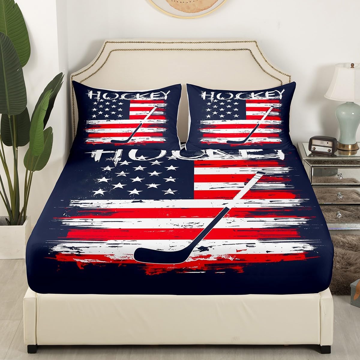 jejeloiu Hockey Fitted Sheet Queen Size Kids Sports Game Bedding Set for Boys Girls Teens Lividity Bed Sheet Set