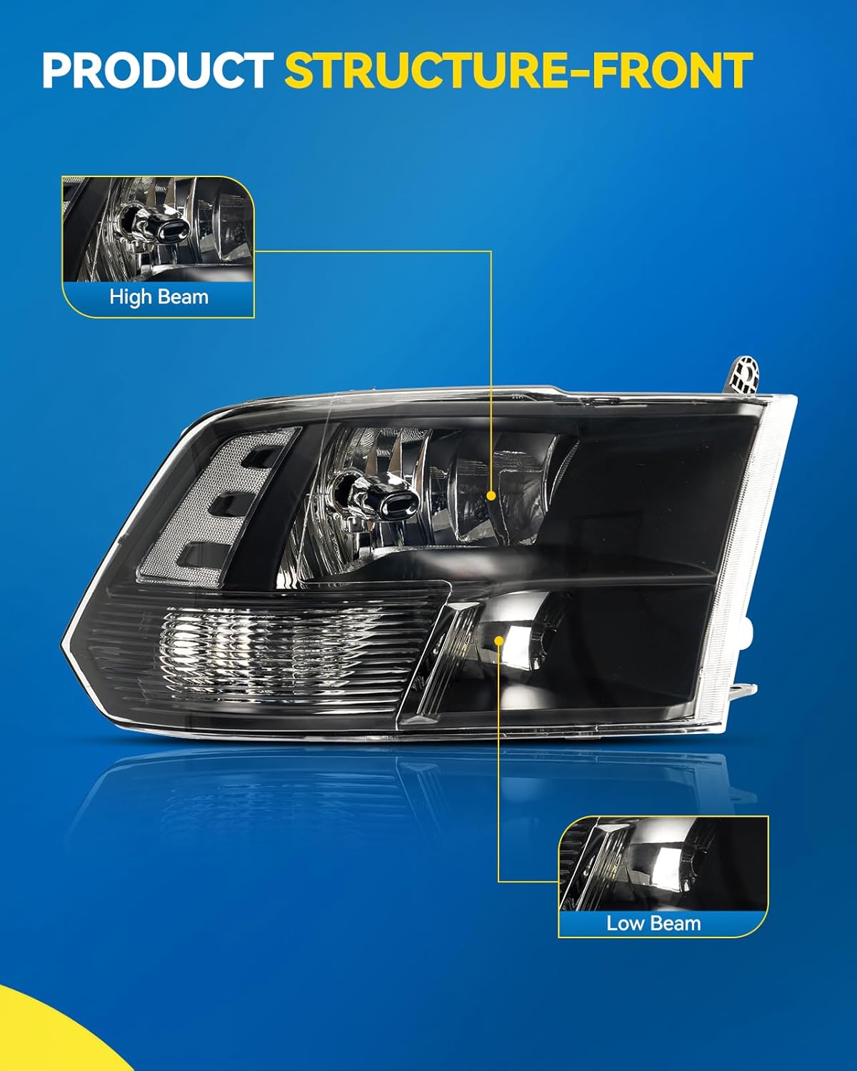 PHILTOP Pair Headlights Assembly for 2019-2024 Ram 1500 Classic, 2011-2018 Ram 1500/Ram 2500/Ram 3500, 2009-2010 Dodge Ram 1500,Black Housing Clear Lens Clear Reflector,Halogen Headlamps