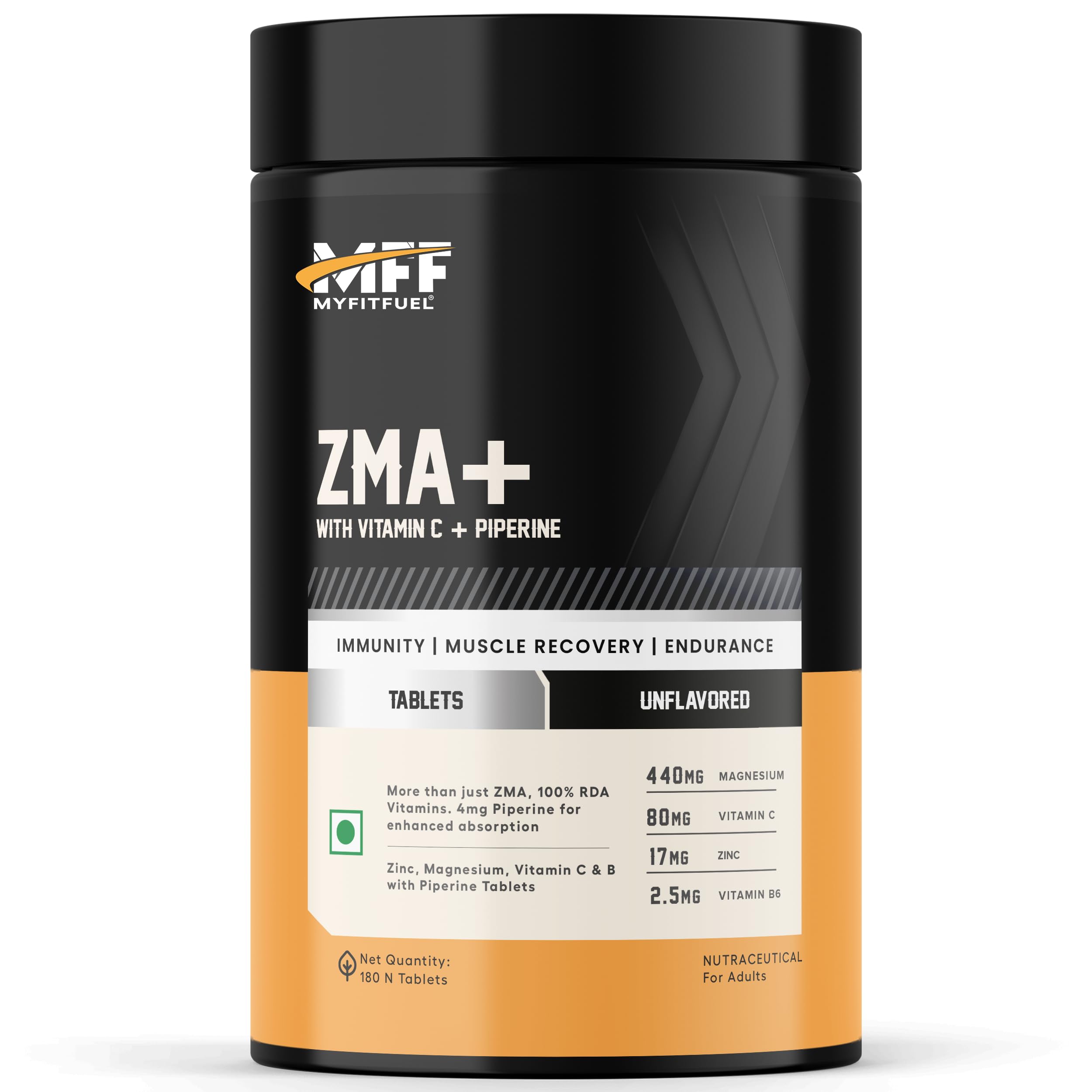 MyFitFuel ZMA+ (Zinc, Magnesium, Vitamin B6, Vitamin C & Piperine 95%), 180 Tablets | ZMA Supplements For Men & Women