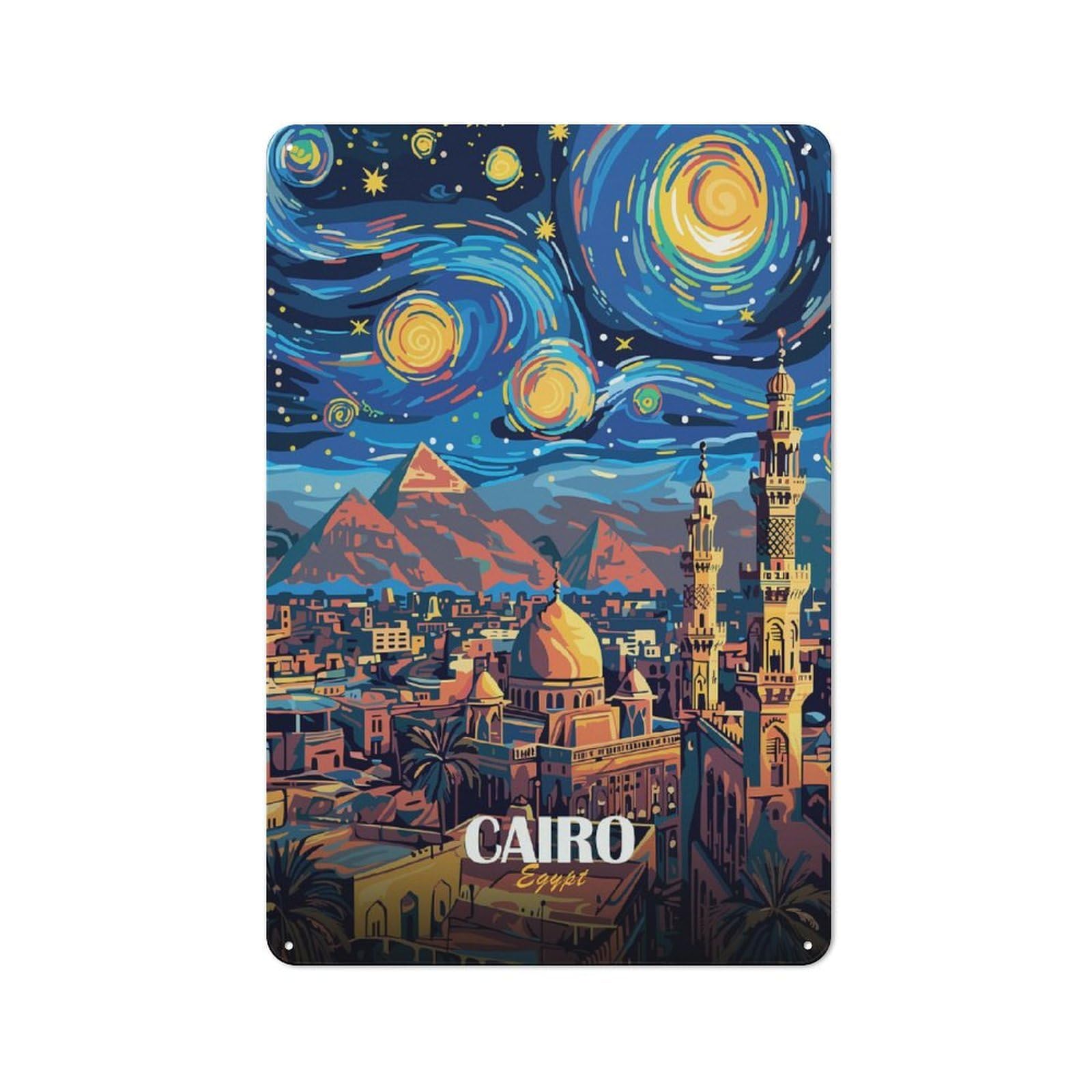 Junmoney Style-20 Cairo Egypt Starry Night Art Printed Metal Sign 30X20cm For Studio Or Craft Room, A Decorative Gift For A Newly Furnished Studio And Craft Room
