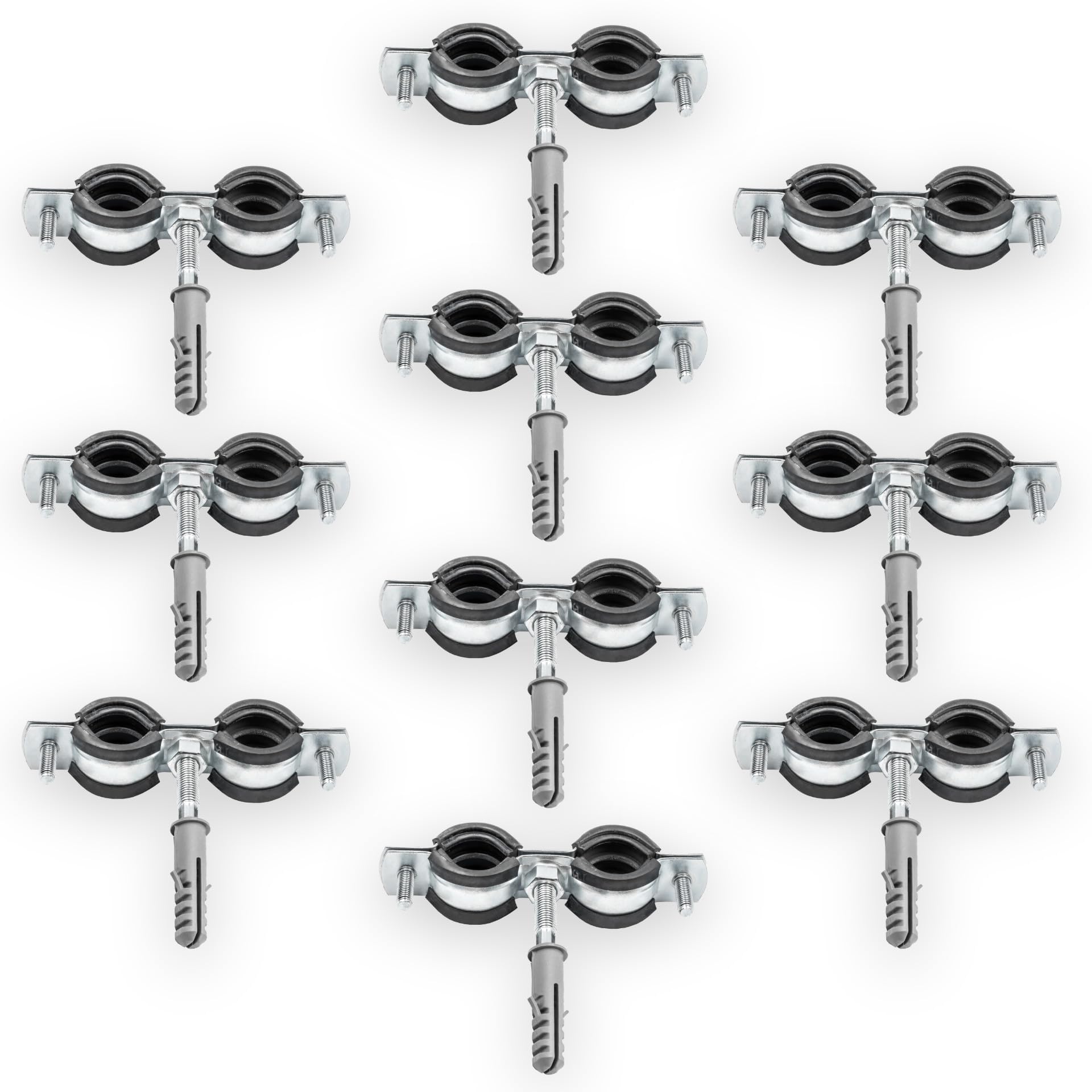 Set 10x Collari Doppi per Tubi + 10x Tasselli + 10x Viti a Legno – Kit di Fissaggio Tubo Facile | Per Installazioni Idrauliche e Riscaldamento – 3/4" 25-31mm