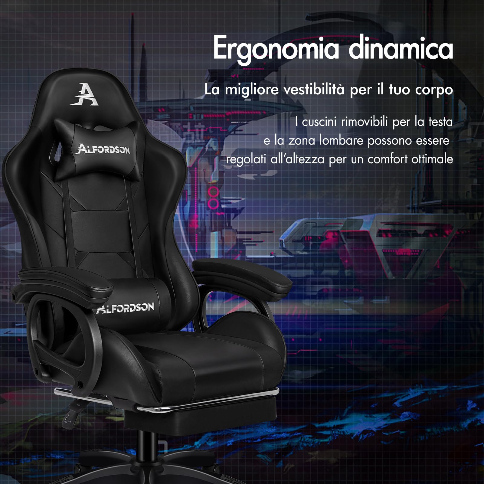 ALFORDSON Sedia da Gaming Massaggiante con Poggiapiedi Telescopico, Sedia Gamer con Cuscino Lombare & Poggiatesta, Ergonomico Sedie da Ufficio Schienale Regolabile 90-150°, Similpelle(Nera)