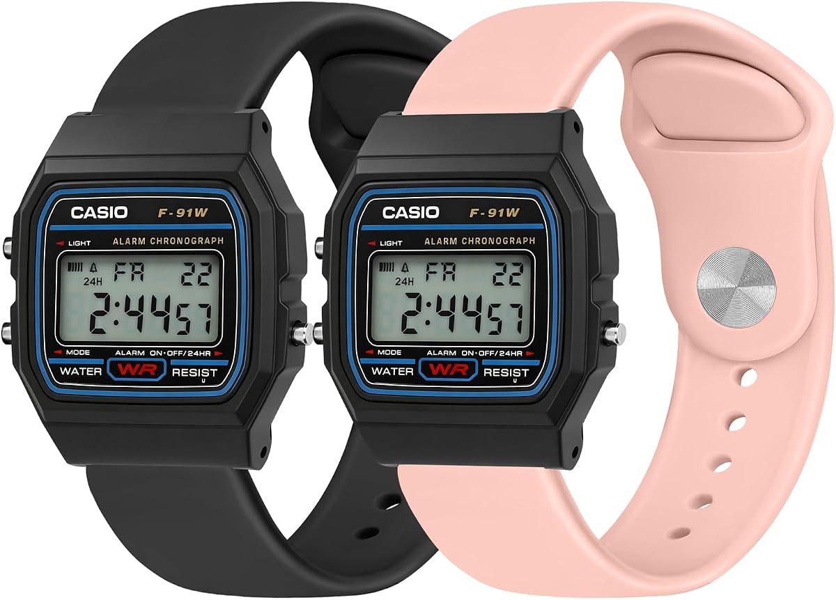 Tiptops Paquete de 2 correas de silicona para reloj Casio de 0.709 in, correa de repuesto suave y transpirable para Casio F-84/F-91W/F-94/A158/A168/F-105/F-108 y AE-1000 Series, pulsera deportiva de liberación rápida, juego de 2 colores