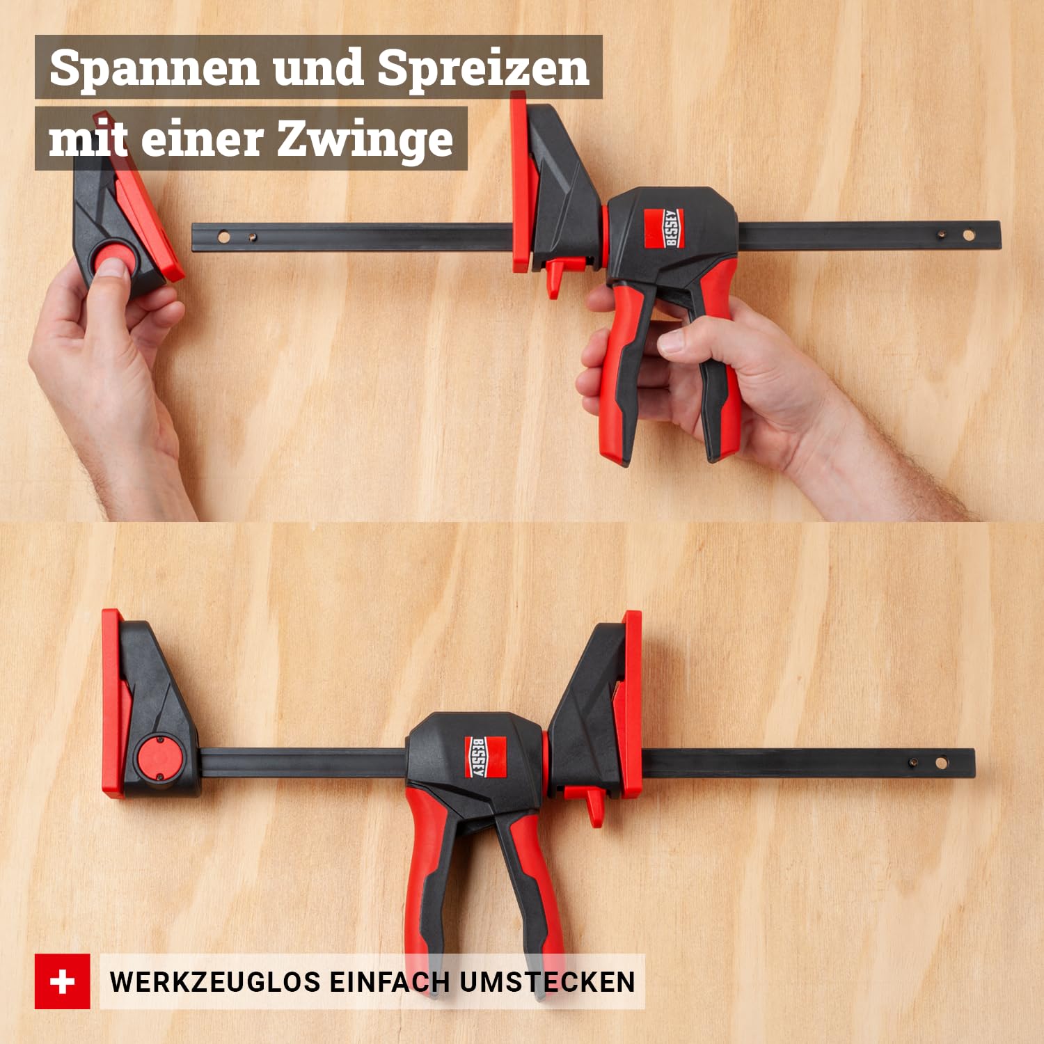 BESSEY Einhandzwingen-SET EZ360M-EZ360-SET, 2x EZ360M-15 und 2x EZ360-30, innovativer 360° Dreh-Mechanismus ermöglicht das Platzieren der Griffeinheit rund um die Schiene
