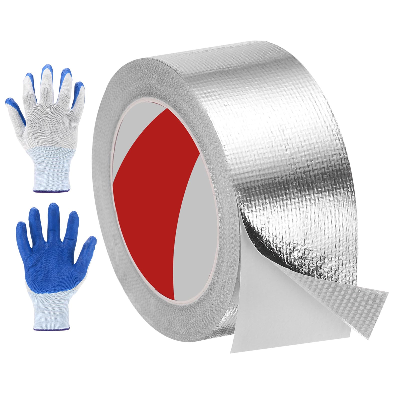 sourcing map 1 Pack Fiberglass Aluminum Foil Tape, 50mm x 20m Adhesive Aluminum Foil Heat Shield Tape Heat Resistant Sealing Tape High Temp Protection with Gloves for HVAC, Pipe, Auto