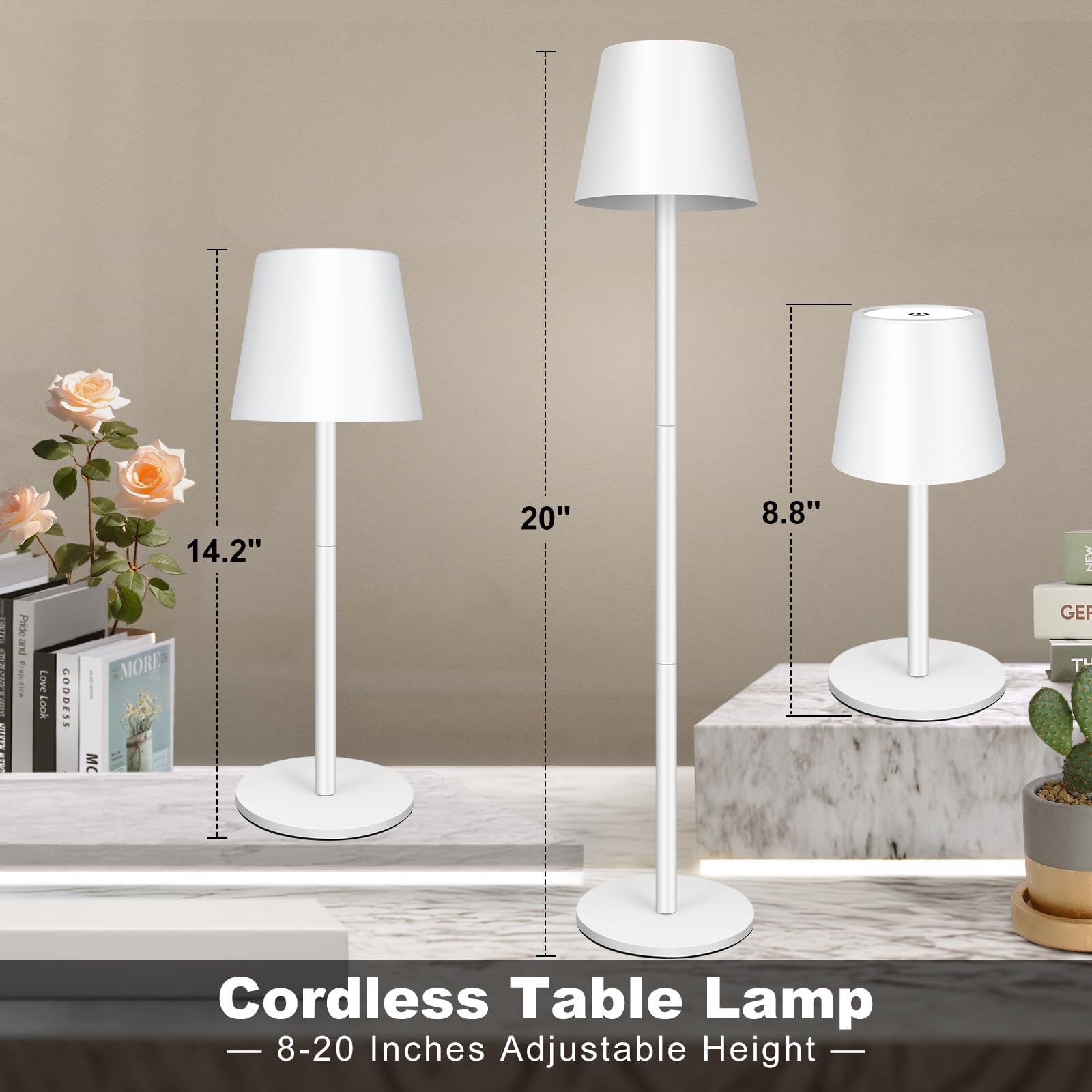 2 lámparas LED de mesa con batería, USB-C inalámbrica Lamparas de Mesa con 3 Temperaturas de Color Ajuste Tactil,5000mAh, IP54 resistente al agua, Adecuada para Interior,Exterior, Blanco