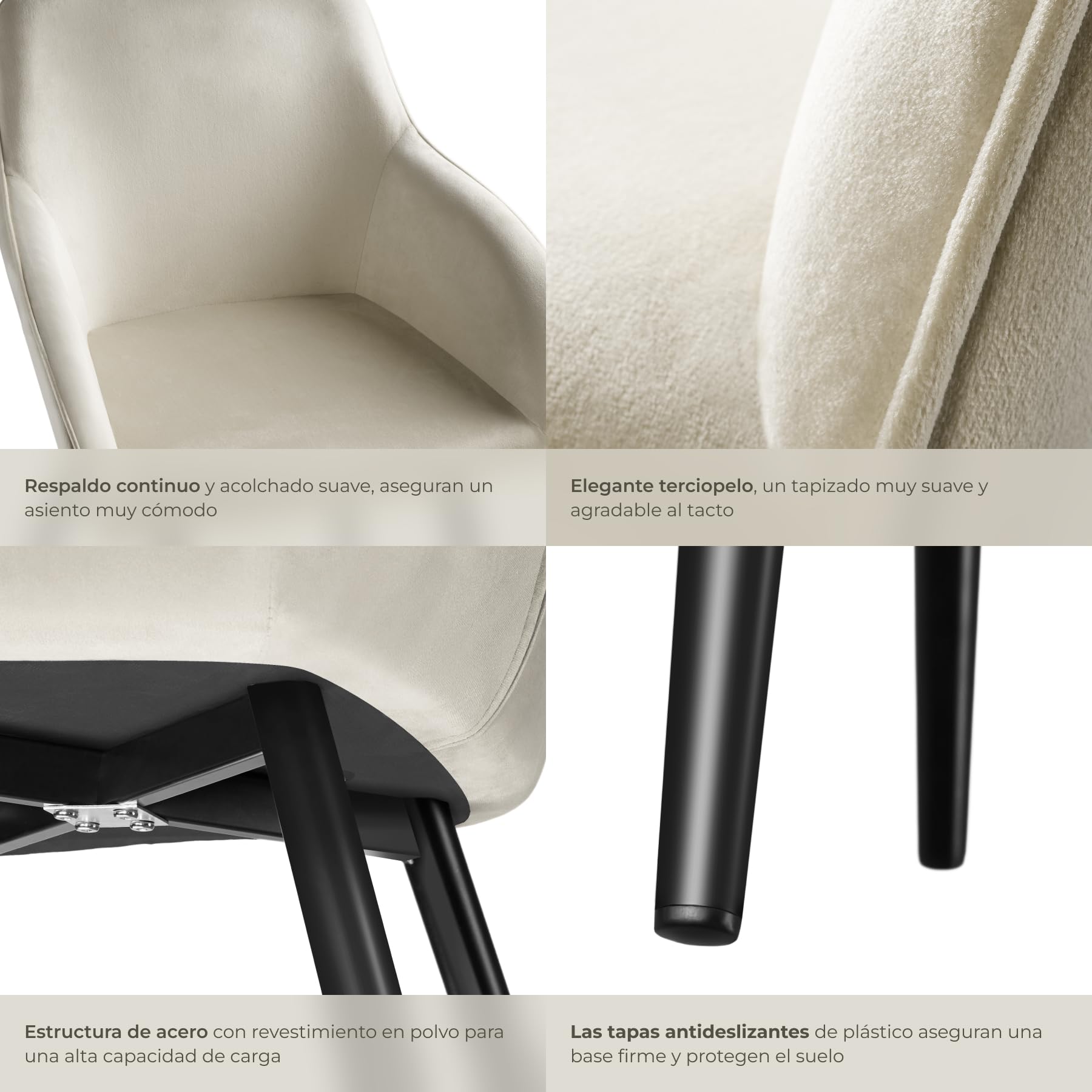 tectake® Silla Tapizada en Terciopelo, Sillas de Comedor Ergonómicas y Versátiles, Gran Estabilidad y Capacidad de Carga, Sillas Cocina Elegante - 1 Silla Crema/Negro