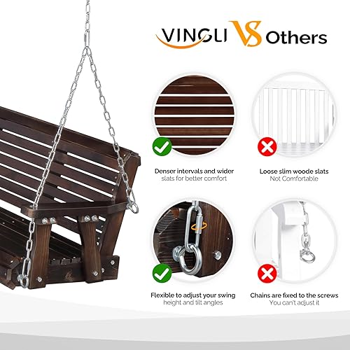 Miniatura 2 de VINGLI Columpio de madera mejorado para patio y jardín, silla columpio resistente de 880 libras con cadenas colgantes para exteriores (rústico, 4