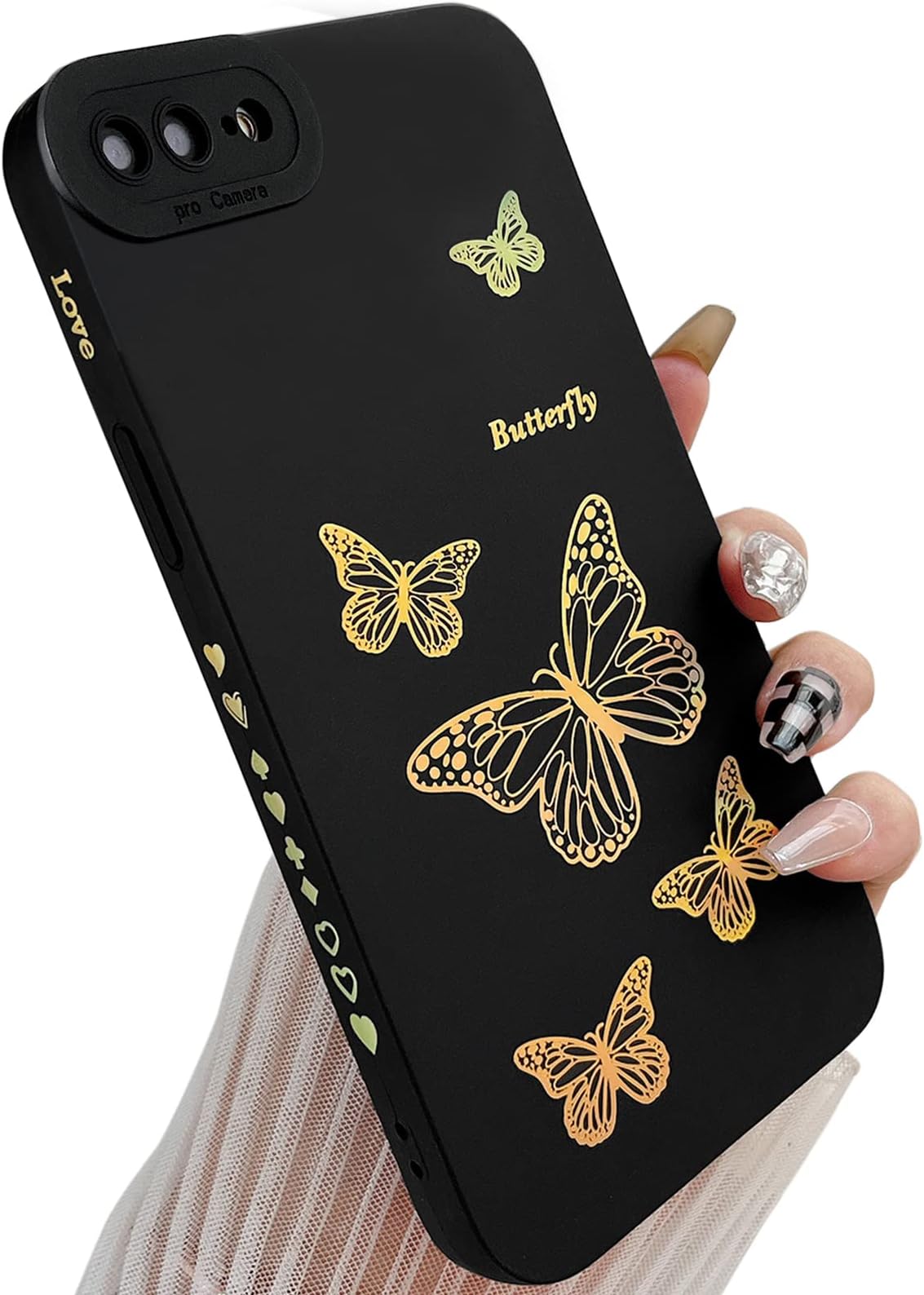 Qokey for iPhone 8 Plus Case,iPhone 7 Plus Case,Side Cute Plated Love Heart Bling Butterfly with Full Camera Lens Cover Protection Soft TPU Shockproof Phone Case for Women Girls Men,Black