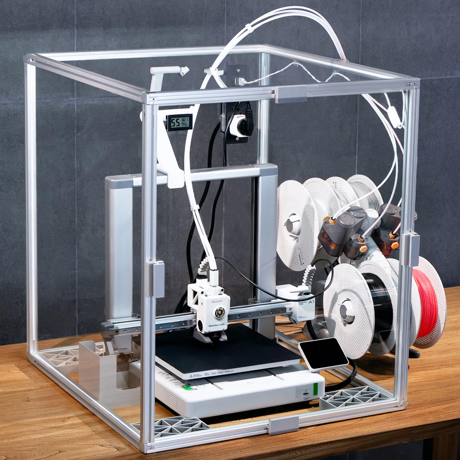 Bambulab A1 3D Printer Acrylic Enclosure,360° Transparent 3D Printer Cover Box with Power Strip/Thermo-Hygrometer/LED Light,Block Dust/Noise/Odor Isolation/Constant Temperature,21.65"Wx22.05"Dx24.02"H