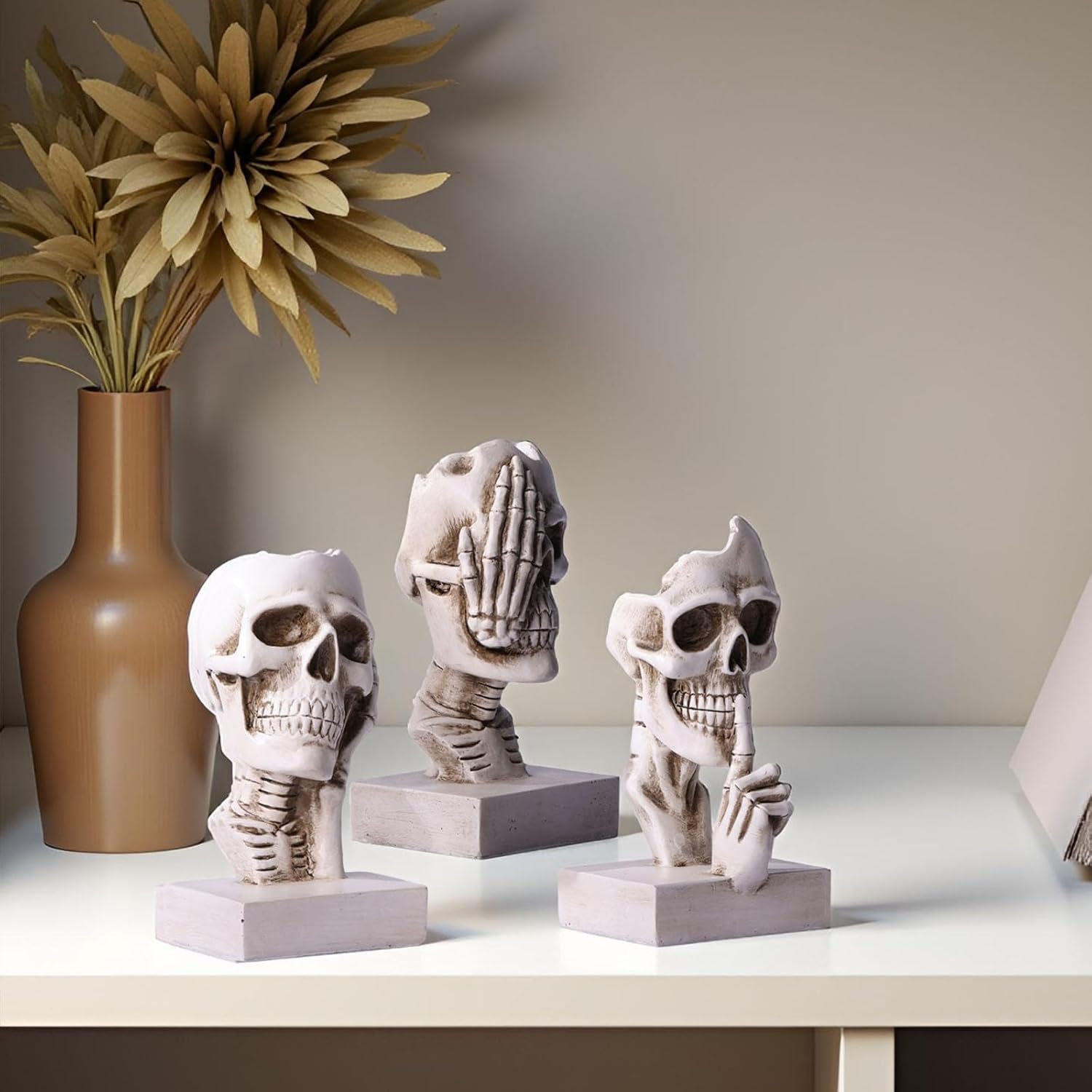 See Hear Speak No Evil Skeleton Figurines Set,Gothic Evil Skull Trio Statue,Vintage Skeletons for Halloween Decorations Indoor,Living Room Fireplace Floating Shelf Coffee Table Centerpiece Decor