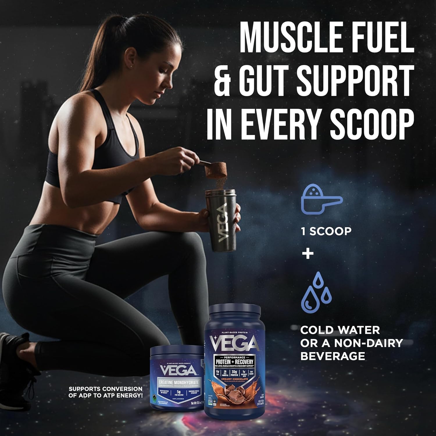 Vega Protein + Recovery Chocolate & Creatine Monohydrate Powder Bundle – 30g Plant Based Protein, 1.8 lbs (19 Servings) & 5g Pure Unflavored Creatine Monohydrate Powder, 17.6 oz (100 Servings)