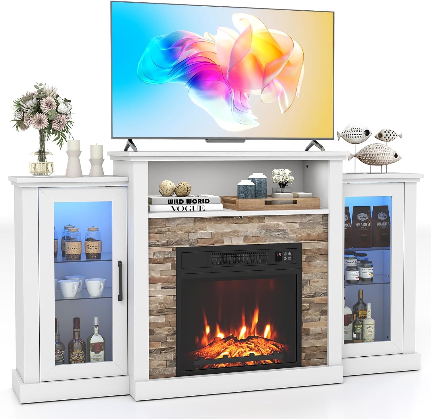 ARLIME 59 Inch Electric Fireplace TV Stand, Fireplace Heater with Mantel, 19 Inch Fireplace Insert with Remote/App Control, 16 Color LED Lights & Overheat Protection for Living Room (White)