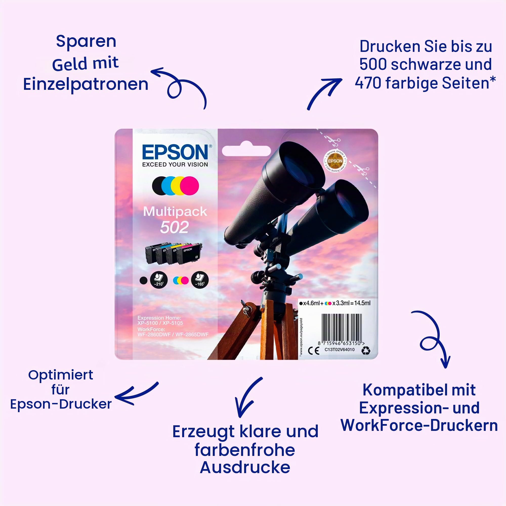 Epson Original 502 Tinte Fernglas Multipack 4-farbig Standard, XP-5100 XP-5105 XP-5150 XP-5155 WF-2860DWF WF-2865DWF WF-2880DWF WF-2885DWF, ReadyPrint Flex-Tintentarife