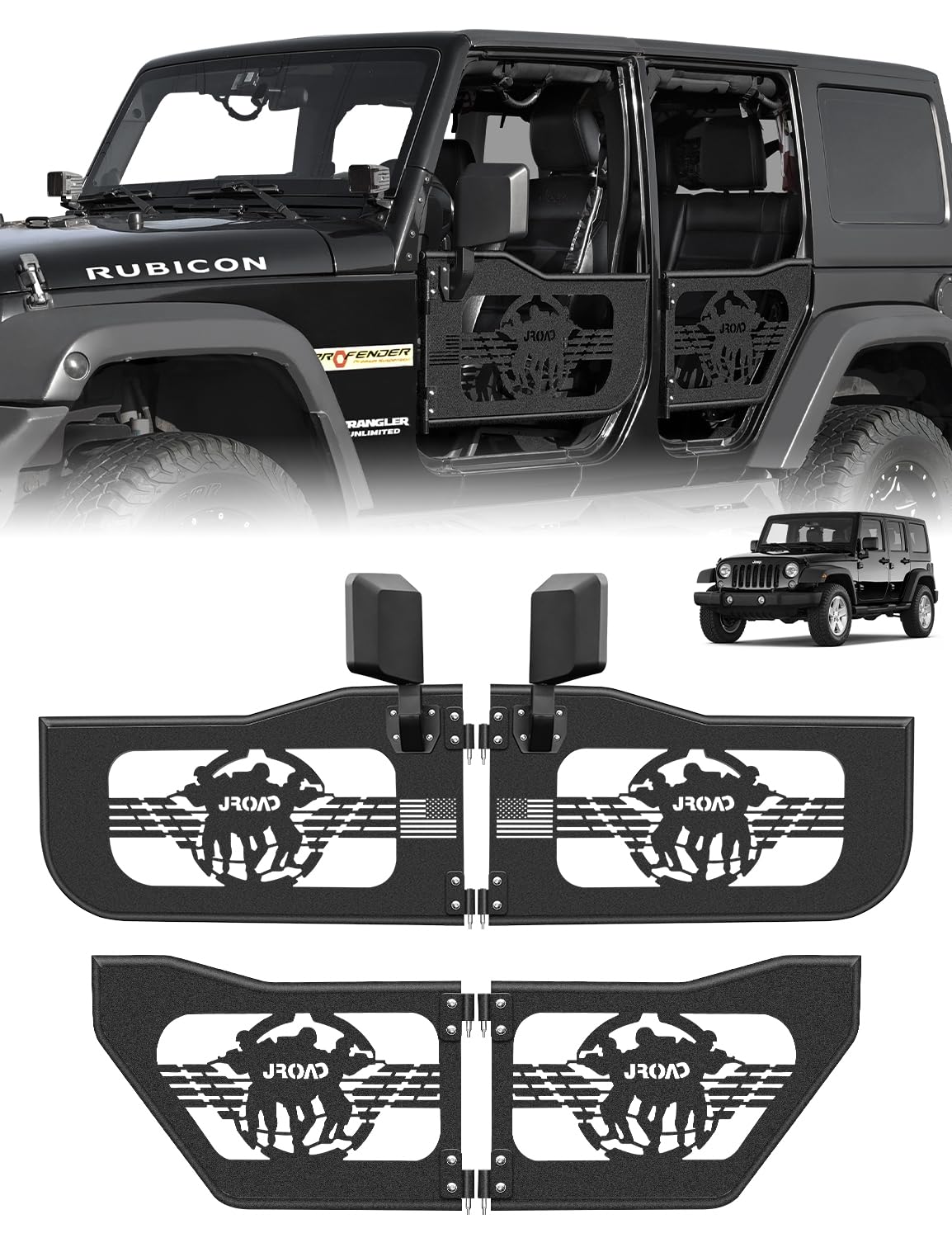 JROAD Jeep Wrangler JK Summer Tubular Half Doors Fit For 2007-2018 Jeep Wrangler JK Unlimited 4-Door Soldier Pattern Front &amp; Rear Tube Doors With Side View Mirror