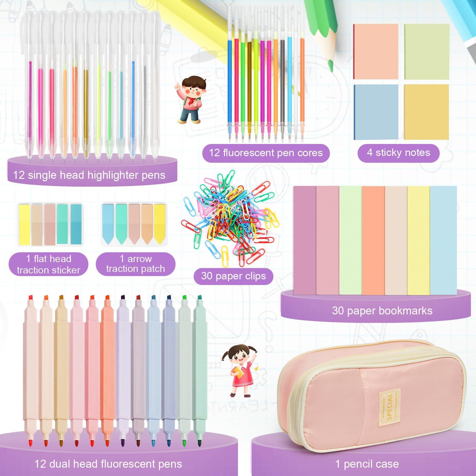 Kaluofan Aesthetic Stationery Set, 103 PCS Pencil Case with Stationery Included, Highlighter Pens and Cores Double Head Pastel Highlighter Sticky Notes Traction Sticker Pen Bag Paper Bookmarks Clips - Image 2