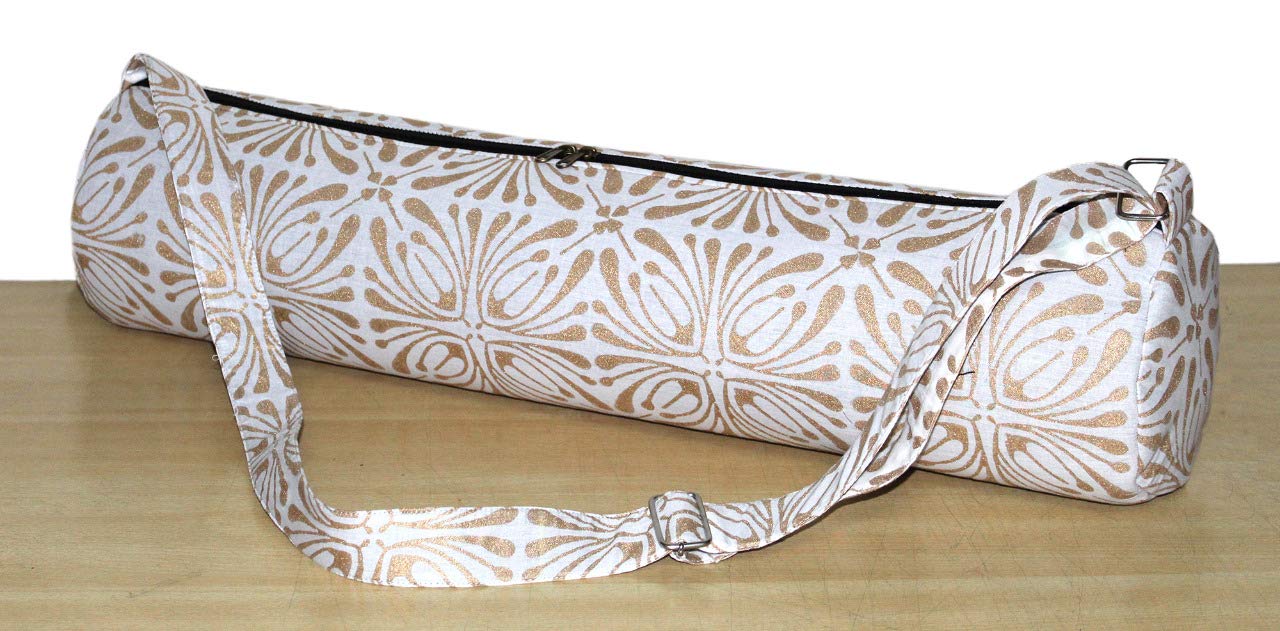 ICC Black Gold Mandala Full-Zip Exercise Yoga Mat Carry Bag Gym Beach Pilates Carrier Bags Hippie Mandala Indian Cotton Bag (White Gold Block)