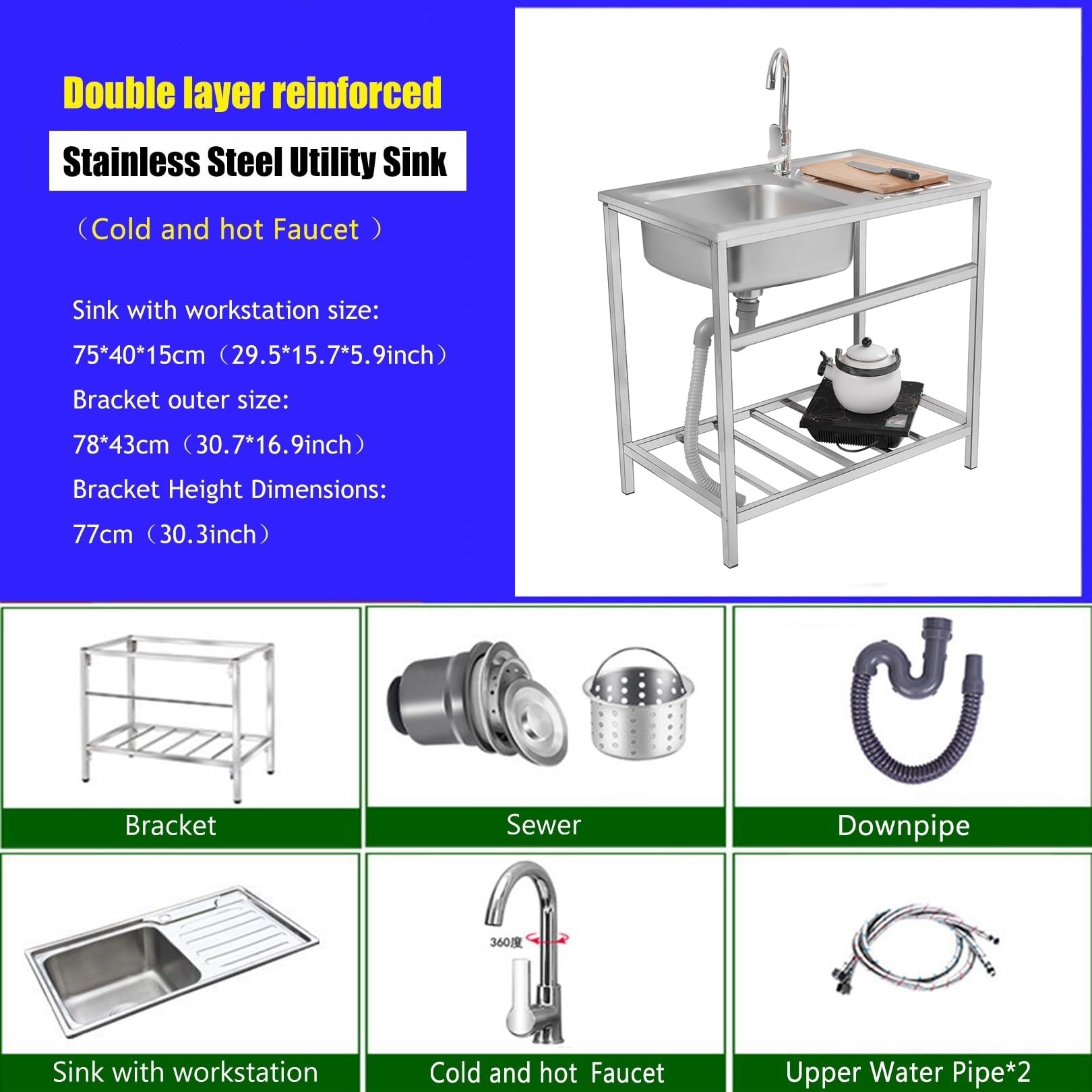 Utility Sinks for a Laundry Room, Freestanding 304 Stainless Steel Sink, Commercial Kitchen Washing Sink 1 Compartment with Faucet, for Garage,Restaurant,Kitchen,Laundry Room,Indoor Outdoor (Size : S
