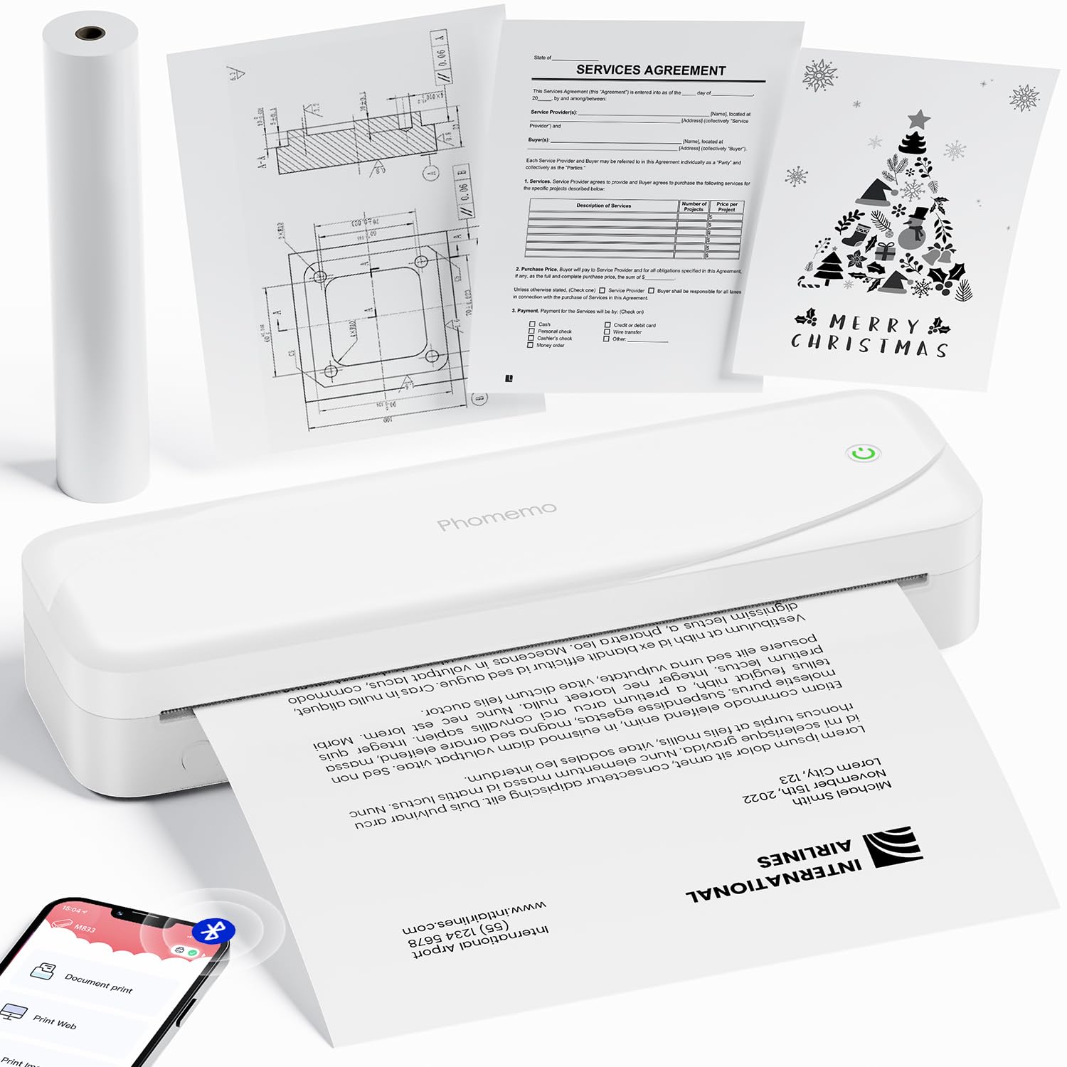 Phomemo A4 Portable Thermal Printer, M833 300DPI Thermal Printer Compatible with Phone & Laptop, Inkless Mobile Printer for Home Use, Business Trip, Office, Educators, Designers, Students - White