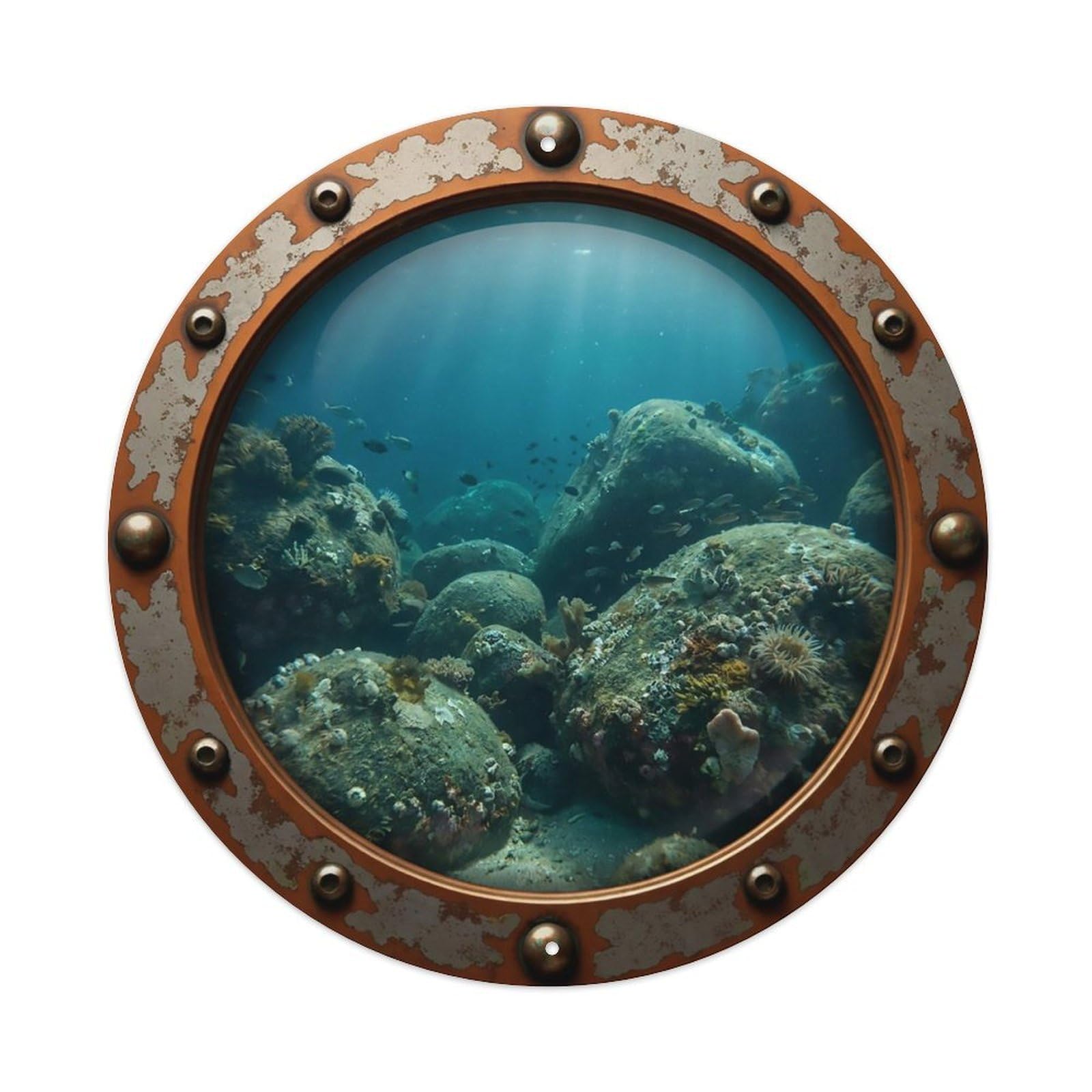 Odgynaw 8X8inch(20X20cm) Vintage Porthole Underwater Boulder Field View Metal Tin Sign