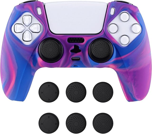 playvital Tri-Color Pink & Purple & Blue Camouflage Anti-Slip Silicone Cover Skin for ps5 Controller, Soft Rubber Case for ps5 Wireless Controller with Black Thumb Grip Caps